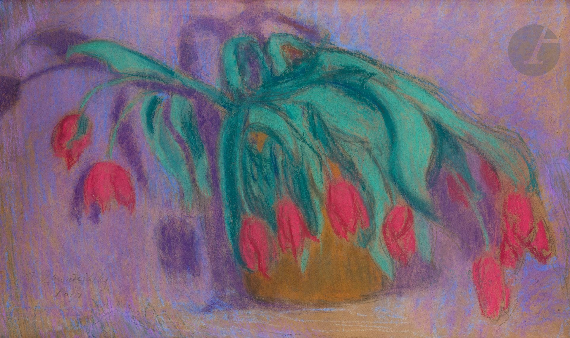 Czesław ZAWADZINSKI (1878-1936)
Vase de fleurs
Pastel.
Signé et situé Paris en bas à gauche.
Nom et adresse de l’artiste sur une étiquette au dos.
42 x 68 cm
Déchirures et réparations. 

Provenance : 
Selon le propriétaire, l’œuvre proviendrait de la collection de Włodzimierz (Vladimir) Bugiel, dispersée au début des années 2000 par son fils, Jean Bugiel.
[sztuka polska, art polonais]