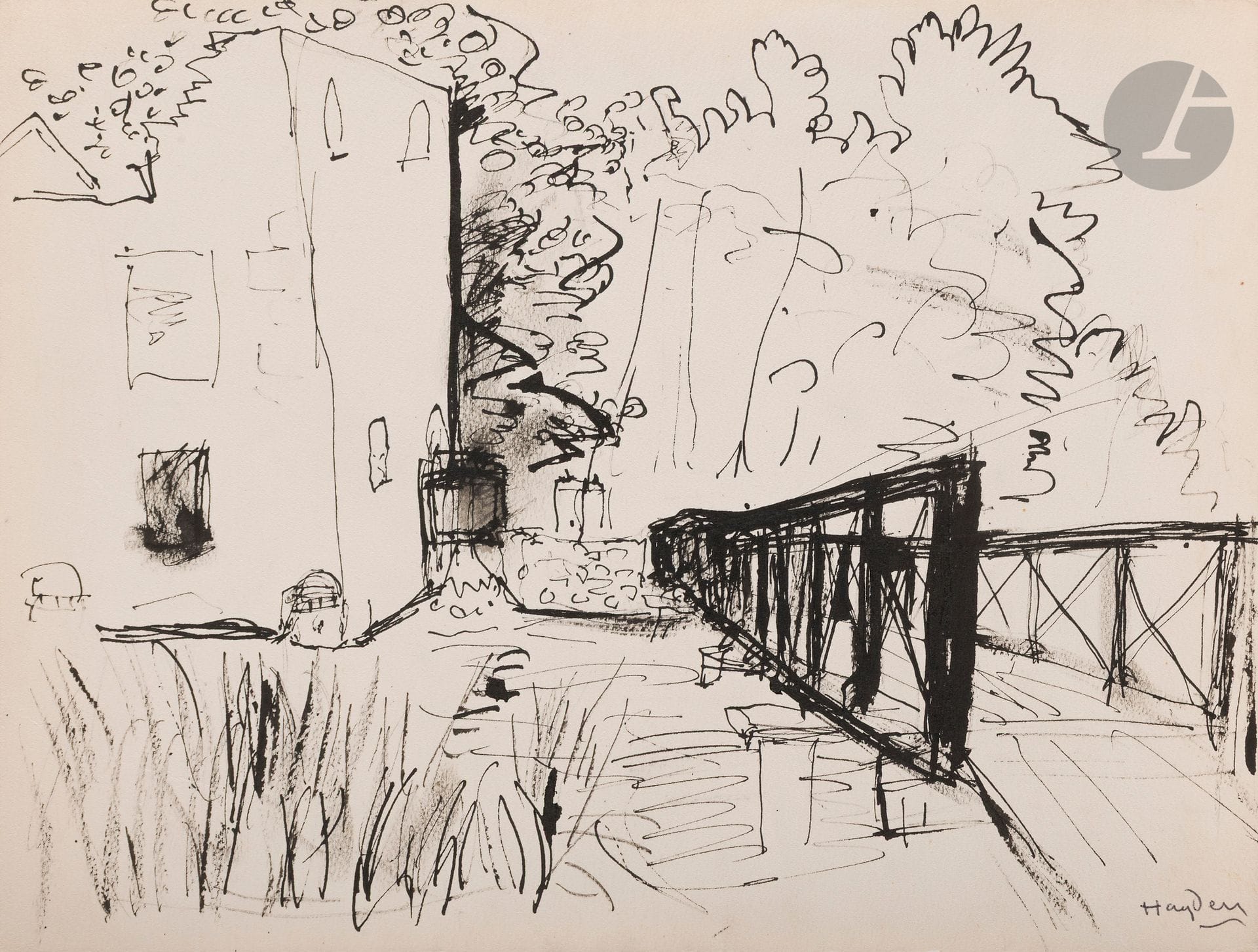 Henri HAYDEN (1883-1970)
Le pont à Mareuil sur Ourcq, 1953
Encre.
Signée en bas à droite.
25 x 33 cm

Provenance : 
Collection Pierre Célice.
[sztuka polska, art polonais]