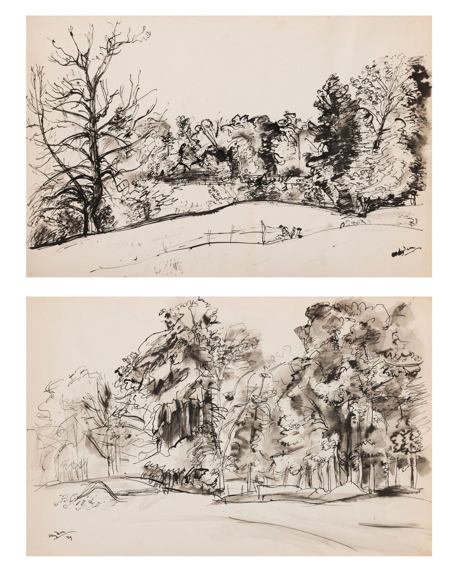 Henri HAYDEN (1883-1970)
Montchauvet - landscape with tall trees, 1949
2 inks.
Signed (2) and dated (1).
32 x 50 cm each

Provenance : 
Pierre Célice Collection.
[sztuka polska, polish art]