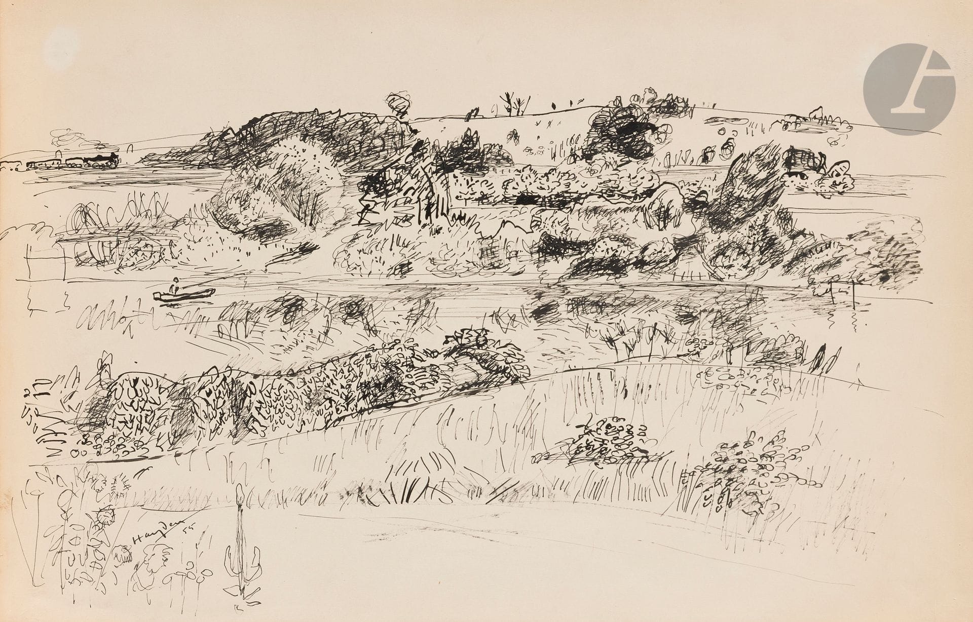Henri HAYDEN (1883-1970)
Landscape with train at Fay Le Bac, 1955
Ink.
Signed and dated lower left.
(Stains and paper insolate).
32.5 x 50 cm

Provenance : 
Pierre Célice Collection.
[sztuka polska, polish art]