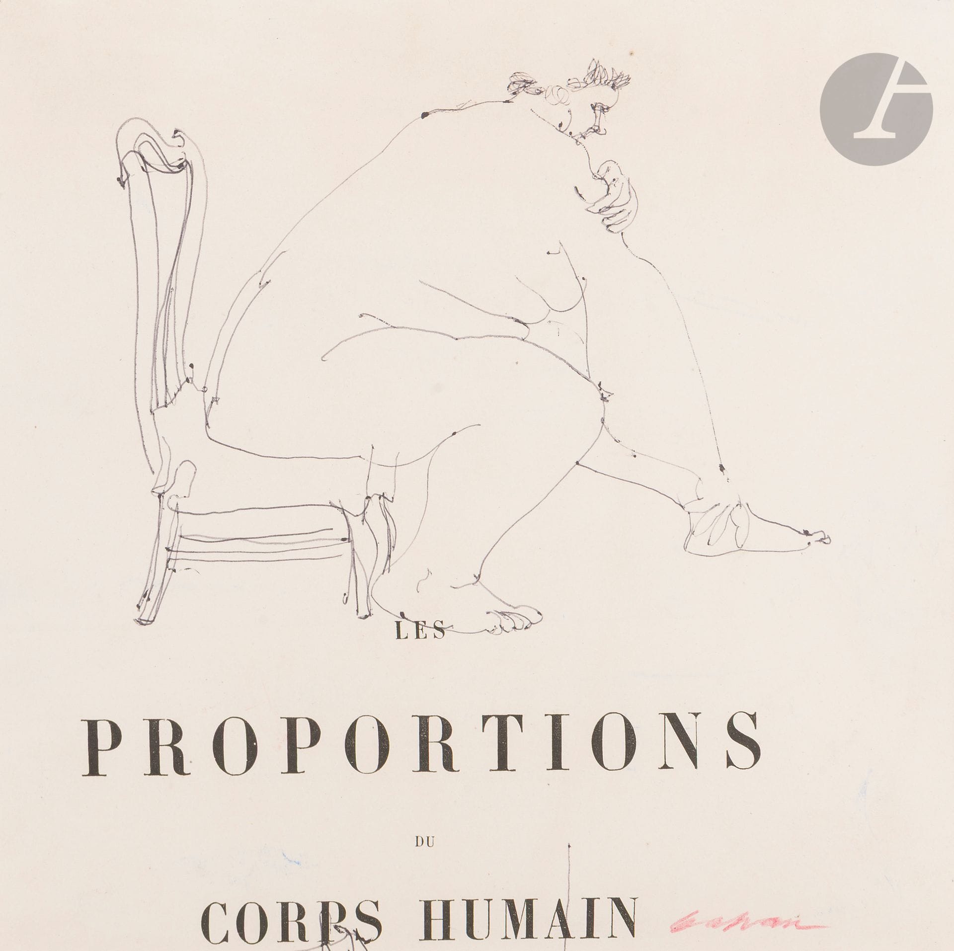 Sam SZAFRAN (1934-2019)
Seated woman, circa 1960
Ballpoint pen on title page "Les Proportions du corps humain".
Signed in red pencil lower right.
23.5 x 24.5 cm