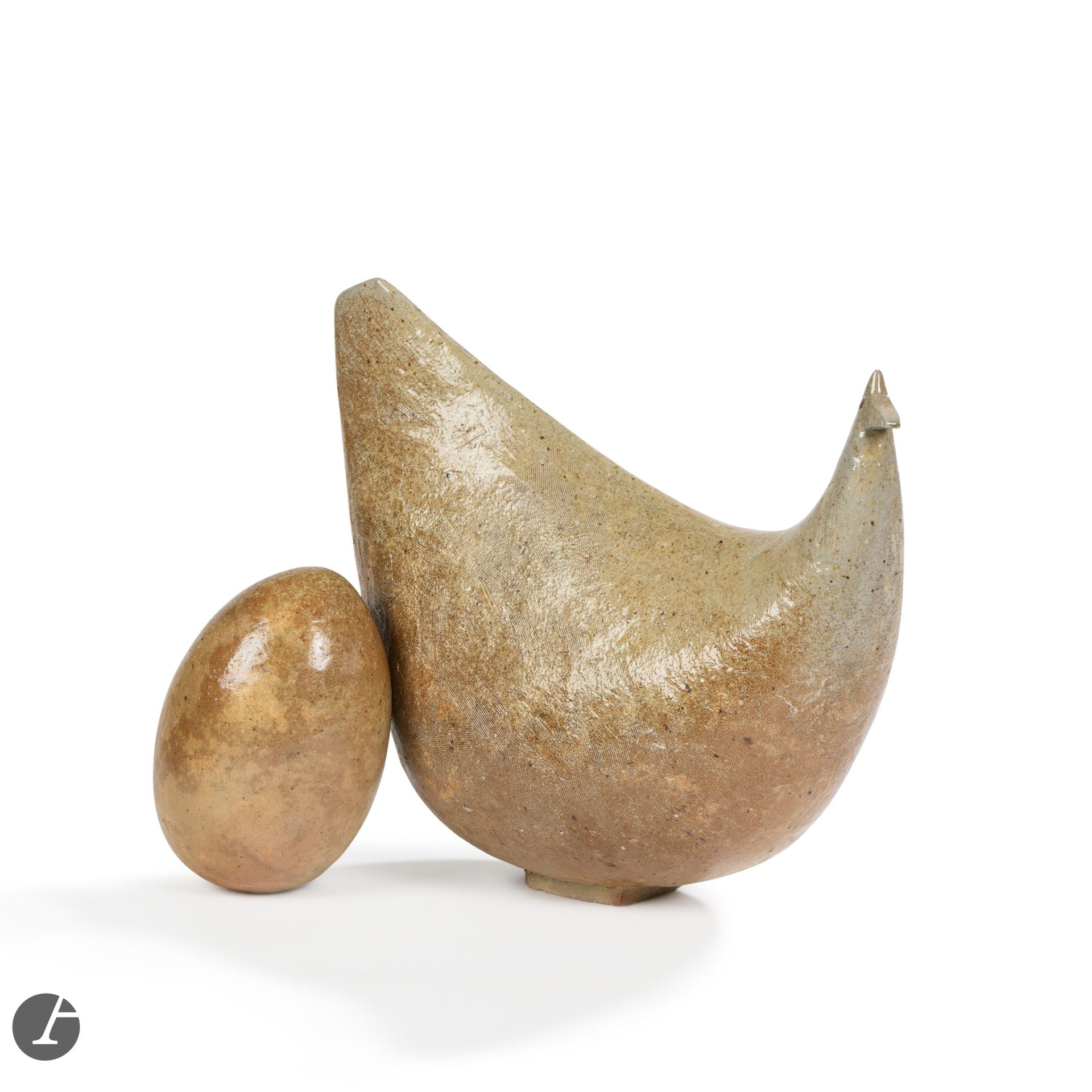 JEAN LERAT (1913-1992)
The Hen and the Egg
Sculpture in two elements.
Stoneware proof.
The hen signed J. J. LERAT in incised letters towards the base, the egg marked J. LERAT 396 below the base.
Hen: Height: 30cm - Length: 32cm
Egg height: 15cm

Provenance:
Galerie Capazza, Nançay.

Important:
This work will be included in the catalog raisonné of the work of Jean and Jacqueline Lerat currently in preparation.

Archives:
Fonds Lerat -Archives départementales du Cher - The photograph of our work preserved in this institution.

Exhibition:
Jean et Jacqueline Lerat, une vie sur terre - Galerie Capazza, Nançay, from September 29 to December 2, 2012. Our work exhibited at this event (n° 12).

Bibliography:
- Bernard Noël - Jean et Jacqueline Lerat, une vie sur terre - Catalogue of the exhibition held at Galerie Capazza, Nançay (September 29 - December 2, 2012), Éditions Galerie Capazza, Nançay, 2012. Our work referenced under catalog number 12 and reproduced on pages 24 (detail) and 25. 
- Philippe Chambost, Pascal Marziano and Arnaud Serpollet - 1947-2017, 70 ans d'expression céramique française - Éditions Les livres de l'îlot, Neuvic, 2020. Our work reproduced on page 181. 


Alongside his wife Jacqueline, née Bouvet (1920-2009), Jean Lerat remains one of the major pioneering figures in the revival of French ceramics in the second half of the 20th century. In 1941, Jean settled in La Borne, a Berrichon village with a rich pottery past - Jacqueline joined him in 1943.
The couple, both artists, drew inspiration from local traditions, nourished by utilitarian forms and popular figurative imagery. Very early on, their research oscillated between figuration and abstraction. Marked by the upheavals of the war, Jean Lerat developed a vast bestiary, in which birds - such as roosters, hens, peacocks and turkeys - became symbols of human resilience, a theme shared by Pablo Picasso (1881-1973), Georges Braque (1882-1963) and Henry Moore (1898-1986). His figures of horses, as well as cyclists, footballers and fishermen, evoke the renewed vitality of everyday life and the leisure activities of the Front Populaire.
From the 1950s onwards, the couple moved towards simplifying their forms. When they moved from La Borne to Bourges in 1955, their works were structured around elementary geometries - line, triangle, square - giving rise to major architectural pieces. Although Jean Lerat never totally abandoned figuration, his research also explored the fragility of the body, represented without a face, sometimes deformed and marked by suffering. Always linked to nature and materials, Jean and Jacqueline see ceramics as a mirror of existence, where gesture, earth and fire bear witness to "the flesh of time". Jean and Jacqueline Lerat's work, both human and timeless, embodies a quest for meaning that goes beyond mere representation to reach the universal.