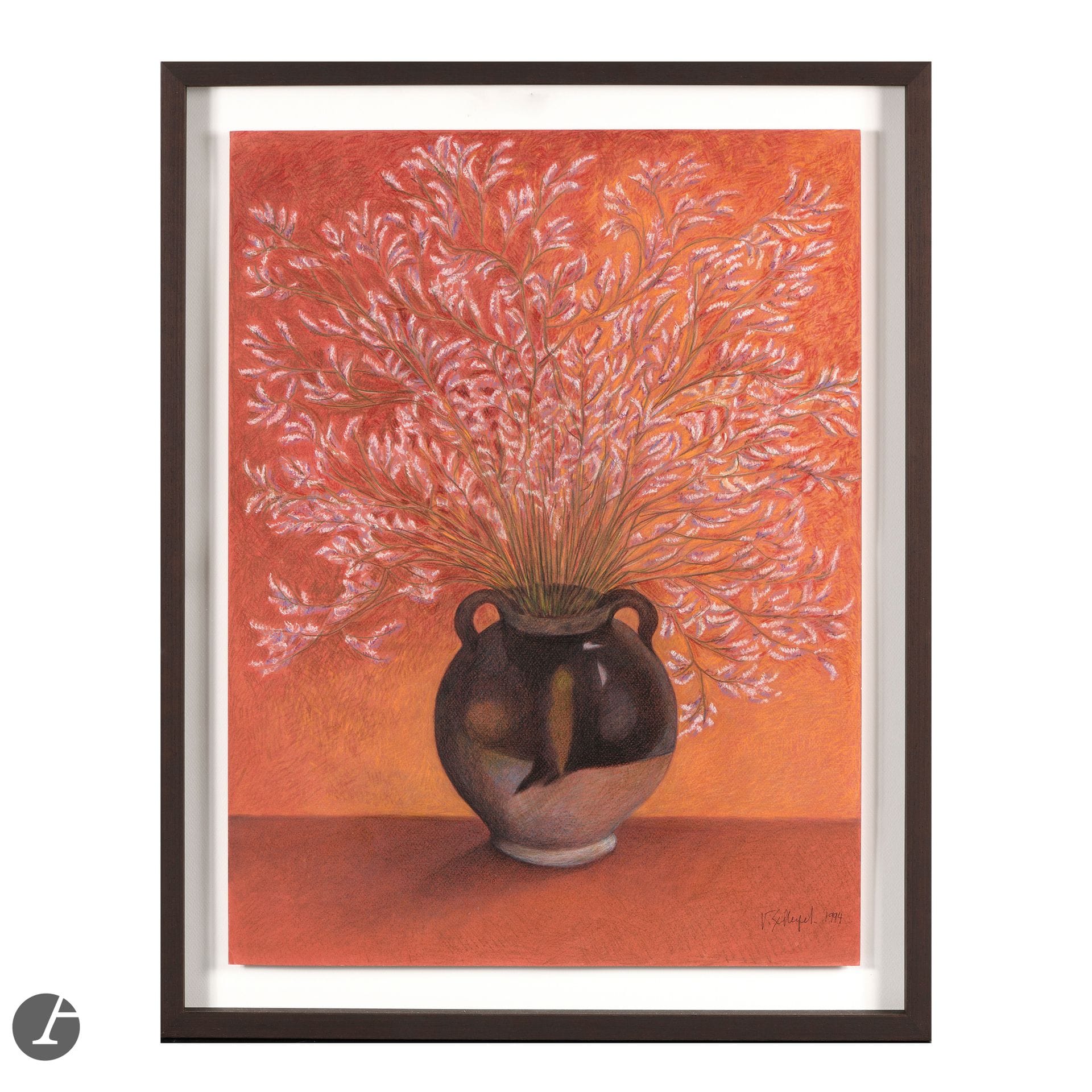 VALENTINE SCHLEGEL (1925-2021)
Vase with bouquet, 1994
Pastel on paper.
Signed and dated V. SCHLEGEL 1994 lower right.
65x50cm


Born in 1925 in Sète, on the Mediterranean coast, Valentine Schlegel grew up in an environment conducive to creativity, combining art, sport and intellectual curiosity. Encouraged by her father, she entered the École des Beaux-Arts in Montpellier in 1942, before moving to Paris in 1945, attracted by the artistic freedom of the capital - while remaining deeply attached to her hometown, an inexhaustible source of inspiration. Participating alongside her brother-in-law Jean Vilar (1912-1971) in the birth of the Avignon Festival, it was to ceramics that she turned and affirmed her style - in the wake of the 1950s revival initiated in Vallauris by Pablo Picasso (1881-1973). Thus, alongside his utilitarian production, he created pieces with organic, powerful and sensual forms. Schlegel's first large-scale works, made with colombin, were exhibited in 1955 at the Abstraction et poterie usuelles exhibition at Galerie La Roue, which also featured creations by Élisabeth Joulia (1925-2003) - another major female figure in the post-war ceramics revival and follower of a certain biomorphic abstraction. Schlegel's works seem to be in direct dialogue with the plant world, evoking its contours by alternating curved and angular forms - a sculptural style reminiscent of works by Hans Arp (1883-1966) or Henry Moore (1898-1986). His muted engobes add to this naturalistic reading.
During the 1950s, Schlegel continued to experiment with ceramics, exhibiting both in Paris and internationally. Although a solitary creator, she collaborated in particular with her sister Andrée Vilar-Schlegel (1916-2009), who contributed to the decor of the pieces she turned. At the same time, she passed on her knowledge by founding an innovative workshop at the Musée des Arts Décoratifs for under-15s - affirming her commitment to artistic education.
Her move to the Alésia district, where she designed a living and creative space in keeping with her art of living, coincided with the introduction of plasterwork to her artistic career. She creates unique, pure-white fireplace sculptures that combine aesthetics and functionality. These "sculptures for living" - the title given to the exhibition devoted to her work at Galerie La Demeure in 1975 - made her a household name; she produced over a hundred of them, first for friends, then for numerous sponsors. Increasingly, she moved away from ceramic production to devote herself to the creation of complete architectural layouts - which required collective work, to which she aspired.
A free artist, far removed from tradition, Valentine Schlegel defended an artisanal approach, focused on people, habitat and useful beauty. She passed away in 2021, leaving behind a world of poetry, creative freedom and modernity - a world that continues to inspire.