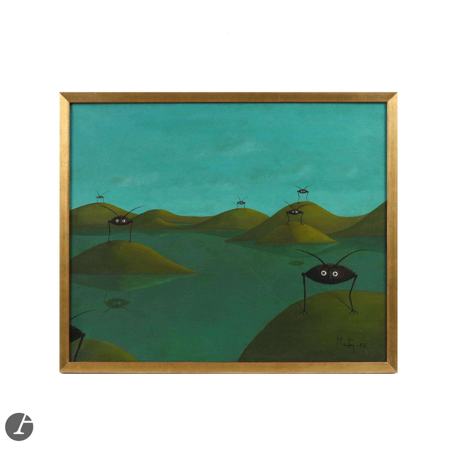 FRANÇOIS RATY (1928-1982)
Insectes fantastiques, 1982
Huile sur toile.
Signé et daté RATY (19)82 en bas à droite.
50x61cm 


François Raty débute son parcours artistique en se formant au dessin et à la peinture à l’Académie de la Grande Chaumière, où il rencontrera Guillaume Met de Penninghen (1912-1990), peintre et céramiste, qui l’influencera durablement. Dès 1949, Raty expose ses premières œuvres graphiques à Paris, mais très vite, animé lui aussi par la volonté de renouer avec la terre, il part en 1951 pour Vallauris – haut lieu du renouveau de la céramique d’après-guerre. Là, il apprend le métier auprès de René Maurel (1910-1986), qui saura lui inculquer sa grande maîtrise de l’émaillage.
Ses créations céramiques, essentiellement zoomorphes – parfois anthropomorphes – s’inspirent de la mythologie nordique, des arts africains ou océaniens. Façonnées à la main, selon la technique du colombin, ses œuvres s’imposent par leur puissance et le sentiment d’essentialité qu’elles invoquent. Raty se distingue en effet par la qualité de son modelage et crée des personnages et figurines à la facture très épurée et personnelle. Il abandonne volontairement le tournage au profit d’un modelage plus libre, donnant naissance à des formes stylisées, rehaussées par un émaillage en nuances de bruns et de noirs profonds.
Les figures animalières de Raty ne sont pas sans rappeler les créations d’un certain Pablo Picasso (1881-1973), qui, installé non loin de là, influence et bouscule artistes et potiers. Ses chouettes et taureaux évoquent inévitablement l’univers du maître catalan bien que, par son modelage unique et sa grande maîtrise technique, Raty saura rendre par ses céramiques un univers plastique qui lui est propre. Cette filiation reste néanmoins prégnante dans le choix des sujets qu’il aborde et se révèle plus flagrante dans des œuvres comme la Tête d’homme barbu ou la Tête de femme, présentées ici, où le traitement très picassien des figures est indéniable. Sa proximité avec l’univers surréaliste se lit également dans certaines de ses créations. Son travail de peintre convoque en effet une palette chromatique, tirée des œuvres des maîtres du XVe siècle, et un recours à un paysage à l’horizon désertique qui renvoient au travail de Max Ernst (1891-1976), Salvador Dalí (1904-1989) ou Yves Tanguy (1900-1955). Là encore, le parallèle est à considérer selon le prisme de l’univers personnel de l’artiste: figurent sur ses tableaux des personnages, insectes ou hybrides, rendus dans une forme unique et originale, propres à Raty, que l’on ne peut comparer.
Le talent de sculpteur et l’originalité de l’univers plastique de François Raty seront véritablement illustrés dans son travail céramique. Il connaîtra un grand succès dès ses débuts et exposera ses œuvres à de nombreuses reprises, notamment au Nérolium entre 1953 et 1959. Ayant peu produit, et abandonnant la céramique pour la sculpture sur métal, ses œuvres en terre – rares et d’une grande qualité esthétique et technique – sont aujourd’hui très prisées des collectionneurs.