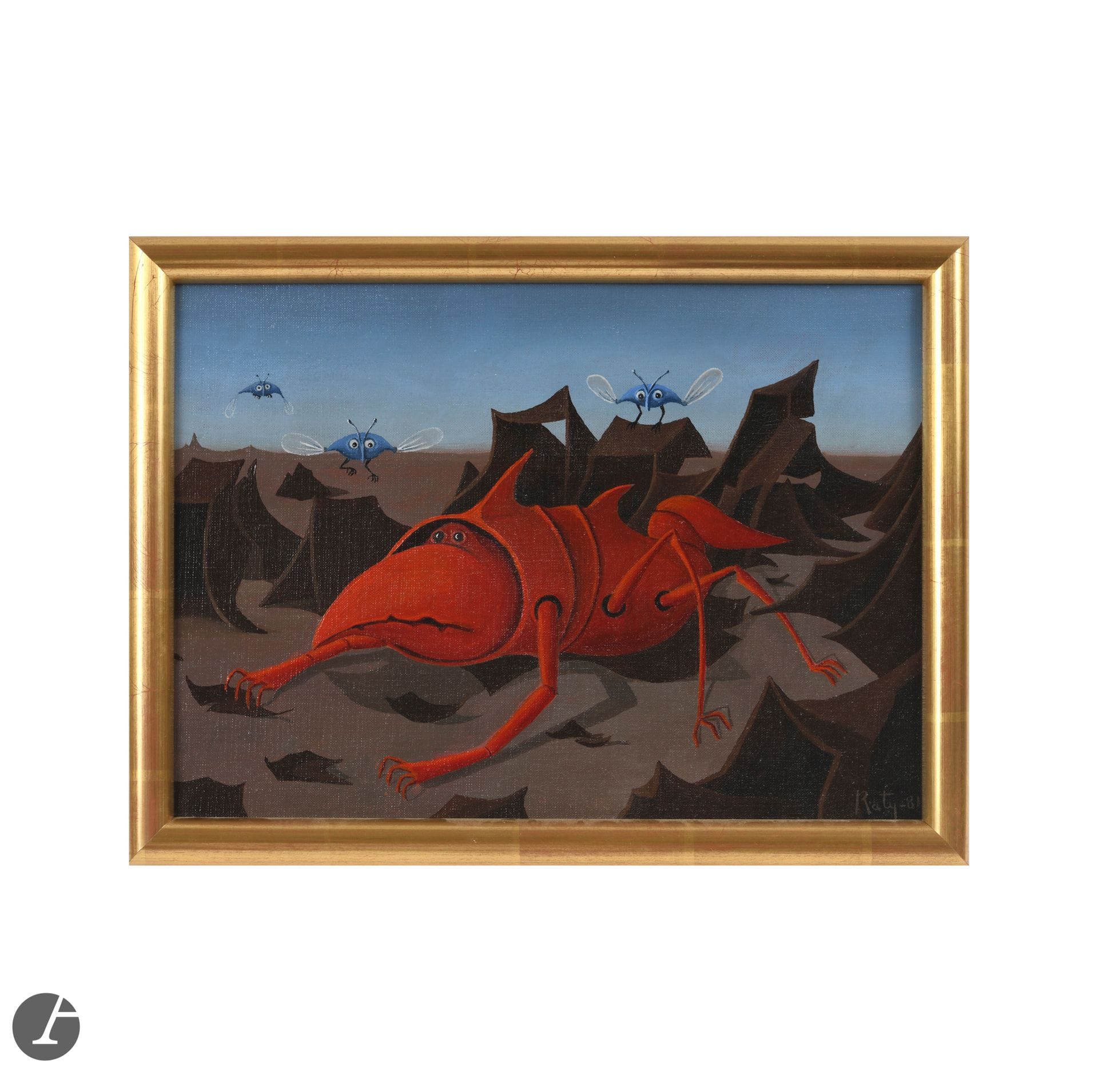 FRANÇOIS RATY (1928-1982)
Insectes volants et coléoptères fantastiques, 1981
Huile sur toile.
Signé et daté RATY (19)81 en bas à droite.
24x33cm


François Raty débute son parcours artistique en se formant au dessin et à la peinture à l’Académie de la Grande Chaumière, où il rencontrera Guillaume Met de Penninghen (1912-1990), peintre et céramiste, qui l’influencera durablement. Dès 1949, Raty expose ses premières œuvres graphiques à Paris, mais très vite, animé lui aussi par la volonté de renouer avec la terre, il part en 1951 pour Vallauris – haut lieu du renouveau de la céramique d’après-guerre. Là, il apprend le métier auprès de René Maurel (1910-1986), qui saura lui inculquer sa grande maîtrise de l’émaillage.
Ses créations céramiques, essentiellement zoomorphes – parfois anthropomorphes – s’inspirent de la mythologie nordique, des arts africains ou océaniens. Façonnées à la main, selon la technique du colombin, ses œuvres s’imposent par leur puissance et le sentiment d’essentialité qu’elles invoquent. Raty se distingue en effet par la qualité de son modelage et crée des personnages et figurines à la facture très épurée et personnelle. Il abandonne volontairement le tournage au profit d’un modelage plus libre, donnant naissance à des formes stylisées, rehaussées par un émaillage en nuances de bruns et de noirs profonds.
Les figures animalières de Raty ne sont pas sans rappeler les créations d’un certain Pablo Picasso (1881-1973), qui, installé non loin de là, influence et bouscule artistes et potiers. Ses chouettes et taureaux évoquent inévitablement l’univers du maître catalan bien que, par son modelage unique et sa grande maîtrise technique, Raty saura rendre par ses céramiques un univers plastique qui lui est propre. Cette filiation reste néanmoins prégnante dans le choix des sujets qu’il aborde et se révèle plus flagrante dans des œuvres comme la Tête d’homme barbu ou la Tête de femme, présentées ici, où le traitement très picassien des figures est indéniable. Sa proximité avec l’univers surréaliste se lit également dans certaines de ses créations. Son travail de peintre convoque en effet une palette chromatique, tirée des œuvres des maîtres du XVe siècle, et un recours à un paysage à l’horizon désertique qui renvoient au travail de Max Ernst (1891-1976), Salvador Dalí (1904-1989) ou Yves Tanguy (1900-1955). Là encore, le parallèle est à considérer selon le prisme de l’univers personnel de l’artiste: figurent sur ses tableaux des personnages, insectes ou hybrides, rendus dans une forme unique et originale, propres à Raty, que l’on ne peut comparer.
Le talent de sculpteur et l’originalité de l’univers plastique de François Raty seront véritablement illustrés dans son travail céramique. Il connaîtra un grand succès dès ses débuts et exposera ses œuvres à de nombreuses reprises, notamment au Nérolium entre 1953 et 1959. Ayant peu produit, et abandonnant la céramique pour la sculpture sur métal, ses œuvres en terre – rares et d’une grande qualité esthétique et technique – sont aujourd’hui très prisées des collectionneurs.