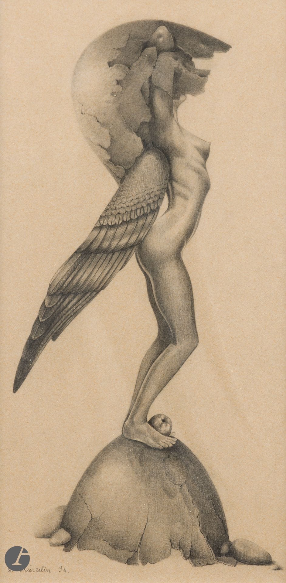 Edith THIERCELIN (b. 1947)
Femme poisson - Femme oiseau à la coquille, 1989-1994 
2 lead pencils and stamps. 
Signed and dated. 
44 x 16 cm - 33 x 17 cm