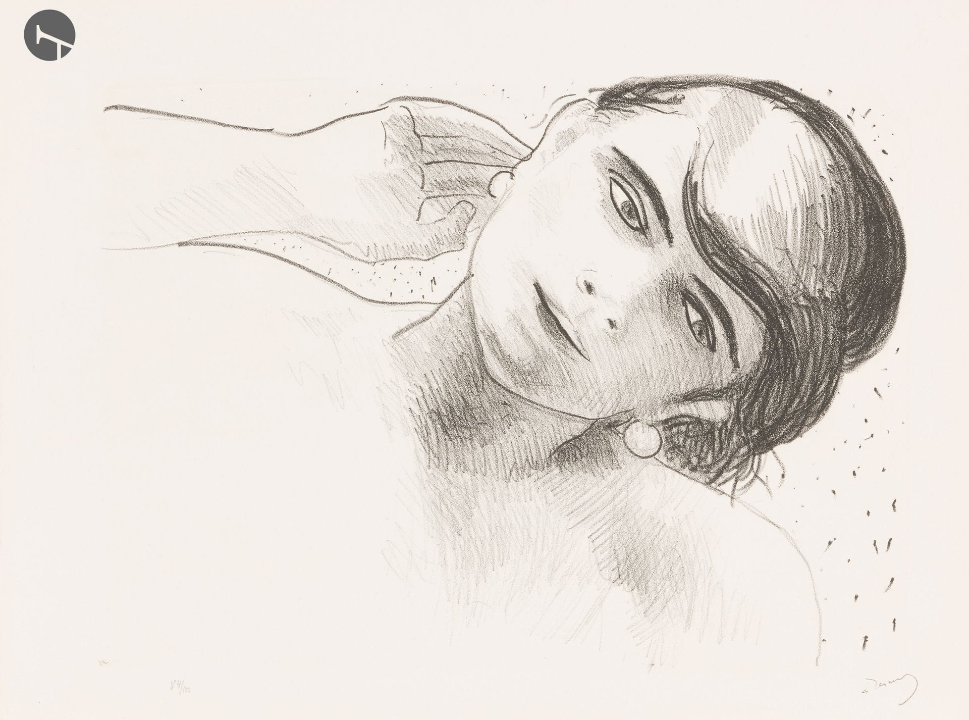 André Derain (1880-1954) 
Head of a woman in front, holding a hand to her ear (Pl. for the suite Métamorphoses, études de femmes, Paris, ed. des Quatre Chemins, 1927). Lithograph. 415 x 308. Adhémar 71-10. Perfect proof on "Arches" watermarked white vellum, numbered and signed in pencil. Very marked stone indentation. Full margins. Edition of 100 proofs.