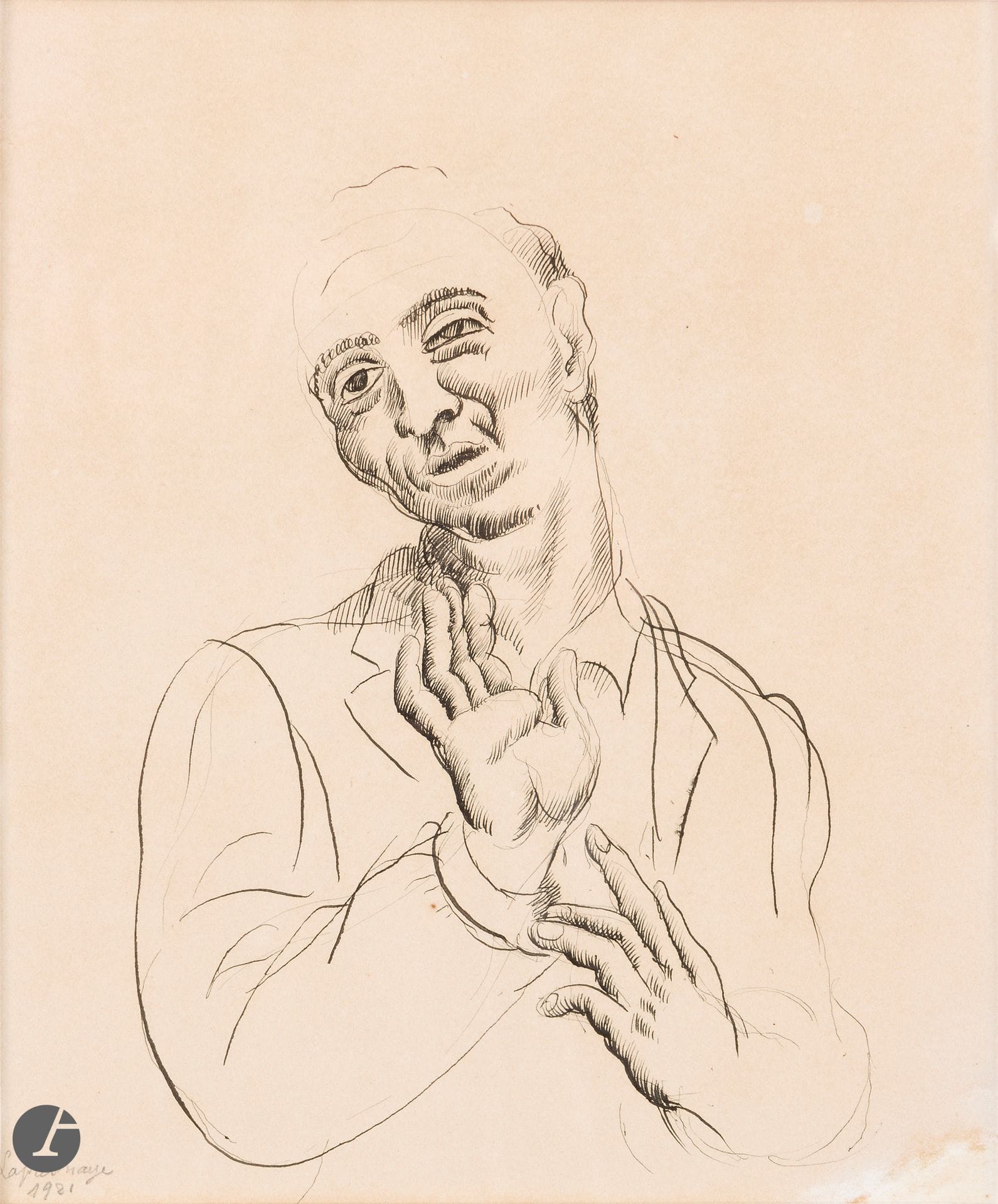 Roger de LA FRESNAYE (1885-1925)
Man (hands), 1921
Ink.
Signed and dated lower left (restoration in lower right corner).
24 x 20 cm

Provenance :
Collection of the artist Robert Lotiron. By descent.

Exhibition:
Roger de la Fresnaye, Il nobile Cubista, Museo d'arte Mendrioso, Switzerland 2023, cat. no. 94 (reproduced).