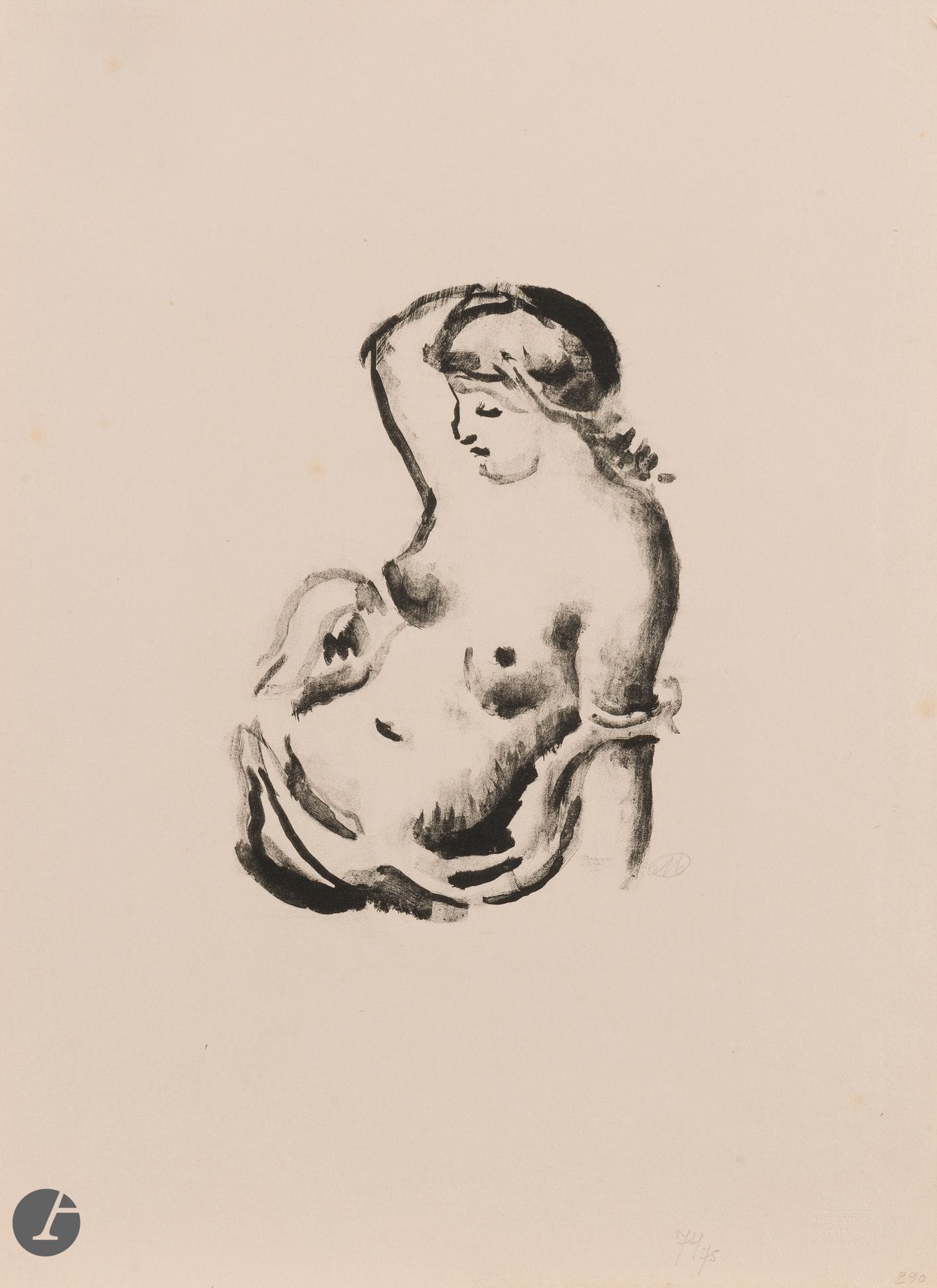 Aristide Maillol (1861-1944)
Seated woman, mid-body view. 1927. Lithographic wash. 130 x 185, Guérin 290. Fine japon print, signed with the monogram in pencil and numbered at the foot of the sheet. Several fine oblique folds, including one across the subject, and slight short handling folds. Two small light circular foxings. Full margins. Dry stamp? H. Petiet éditeur Paris (Lugt 2021a). Ex-coll. H. M. Petiet (Lugt 5031).