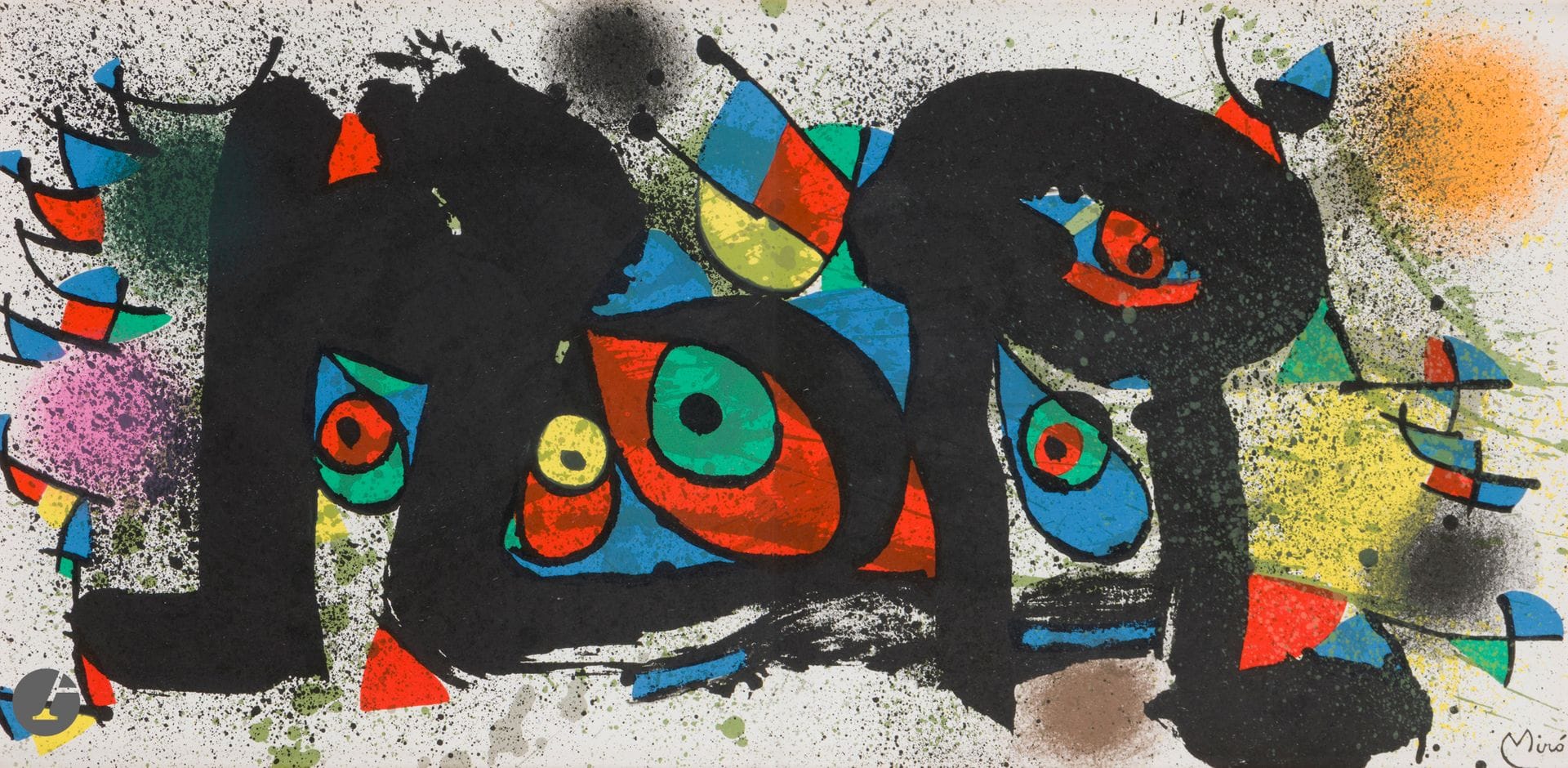 Joan Miró (1893-1983)
Sculptures I. 1974. Lithographie. À vue : 550 x 268. Maeght 948; Cramer 181. Impression en couleurs. Belle épreuve sur vélin, avec pli central vertical médian normal. Maeght éd. Cadre (non examinée hors du cadre).
