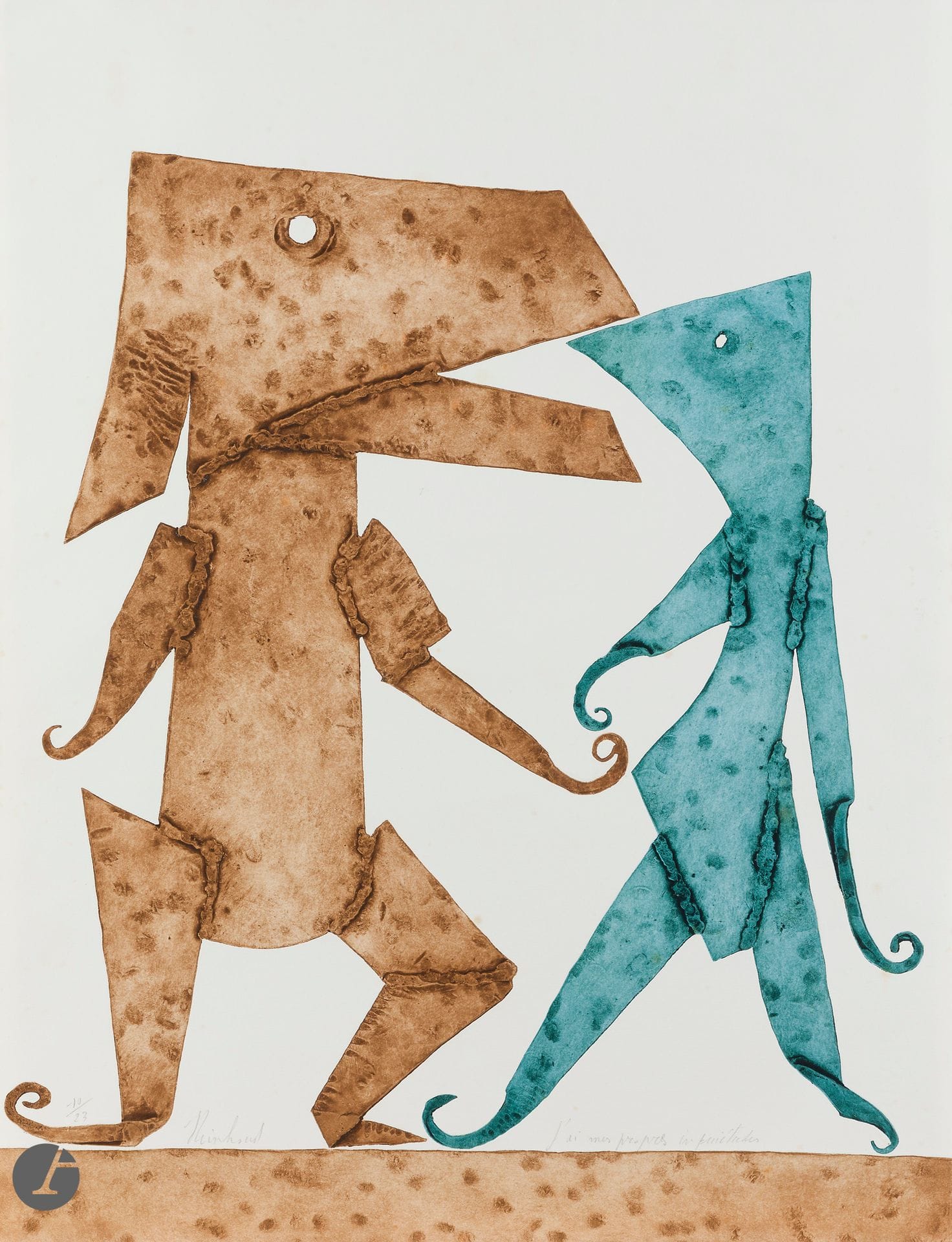 Reinhoud (Reinhoud d'Haese, dit) (Belgian, 1928-2007) I have my own worries. Etching on cut and assembled metal plates. Sheet size: 500 x 660 mm. Printed in brown and blue. Perfect proof on white vellum, numbered, signed and titled in pencil. Full margins. Edition of 23 proofs. Joint: 17 for; 17 against. Lithograph. Each sheet: 480 x 660 mm. Printed in color. Fine proofs on vellum, numbered and signed in pencil, slightly oxidized. Full margins. Edition of 300 proofs. Set of 3 p.