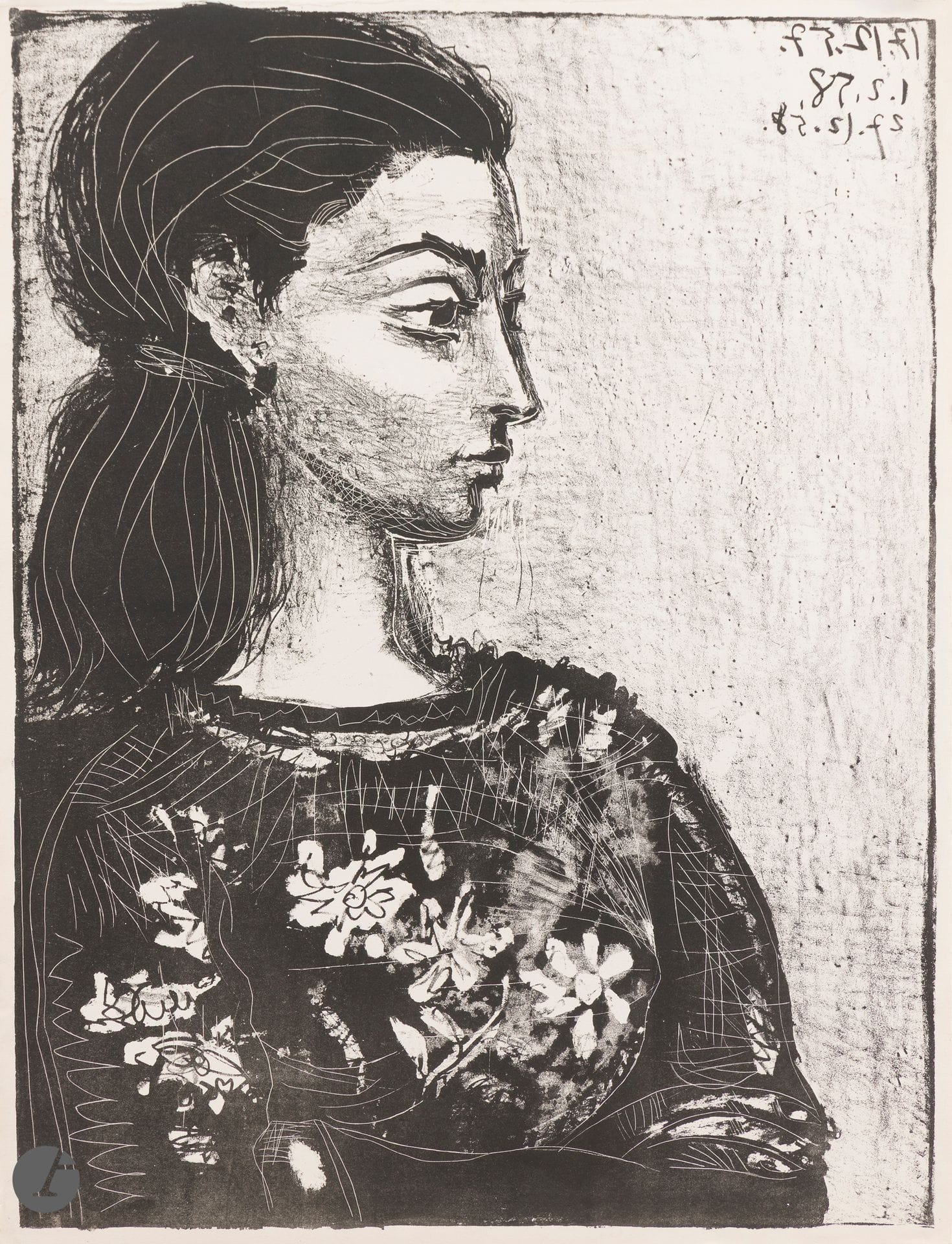 Pablo Picasso (1881-1973) (after) 
Woman with Flowered Bodice. Offset print after the 1958 lithograph. The sheet: 505 x 655 mm. Fine proof on cream vellum. Full margins.