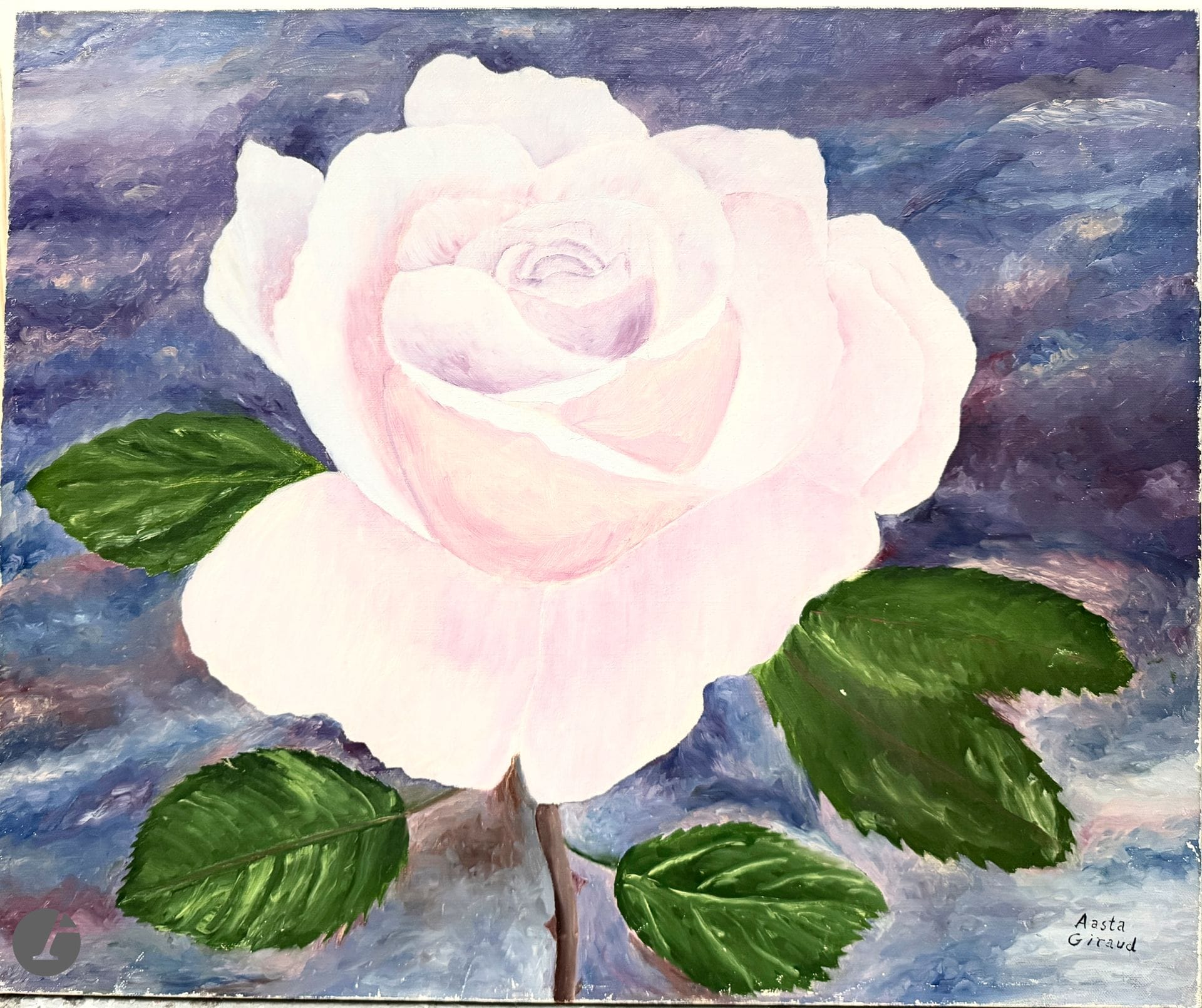 Aasta GIRAUD (XXe siècle)
La rose, 1983 
Huile sur toile. 
Signée en bas à droite. 
Datée au dos sur le châssis 
61 x 73 cm