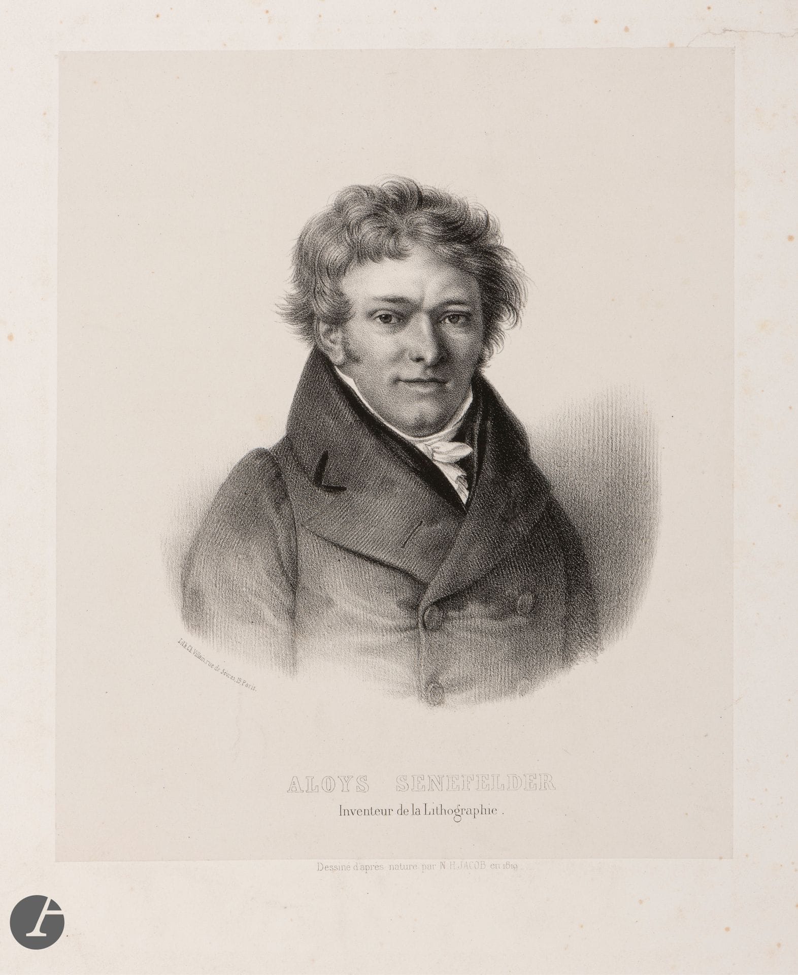 Nicolas-Henri Jacob (1782-1871)
Aloys Senefelder, inventeur de la Lithographie. 1819. Lithographie (« dessiné d’après nature »). [305 x 460]. I.F.F. 12. Très belle épreuve sur chine appliqué. Rousseurs claires et empoussiérage marginaux. Déchirure de 70 mm en marge droite, sans atteinte au chine, anciennement consolidée au verso. Traces de plis dans l’angle supérieur droit. Toutes marges.