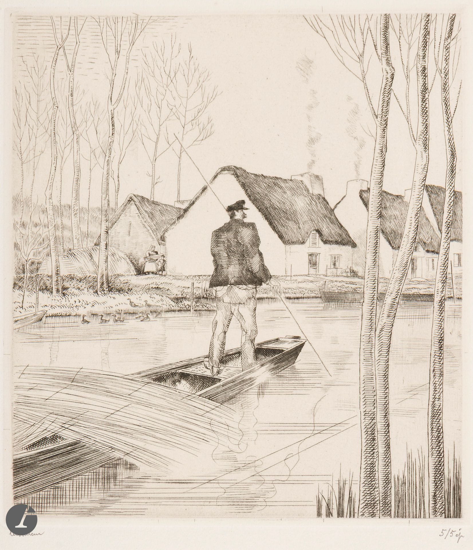 Jean-Émile Laboureur (1877-1943)
L’Homme à la barque (Saint-Joachim, Loire-Atlantique). 1932. Eau-forte. 160 x 175. Laboureur 458. Parfaite épreuve sur vélin blanc mince, l’une des 5 du 2e état (sur 3), avant le monogramme, signée et numérotée au crayon. Toutes marges. Tirage définitif à 47 épreuves.