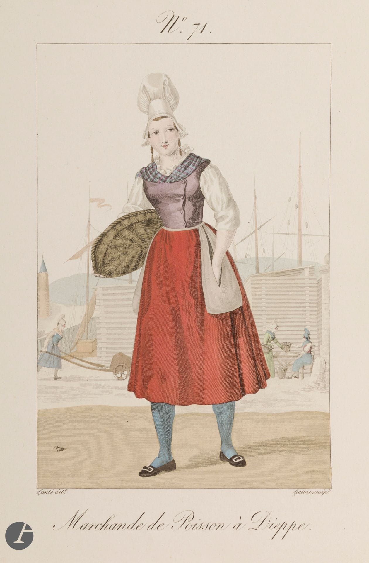 Costumes
Women's costumes from the Pays de Caux and several other parts of ancient Normandy. [Yvetot, Dieppe, Honfleur, Le Havre, Caen, Saint-Valéry-en-Caux, Cherbourg]. 1827. Engraved by Gatine after Lanté. Each [247 x 330]. Very fine proofs on ivory vellum, in fine contemporary colors, some slightly oxidized. Full margins. Set of 8 p.