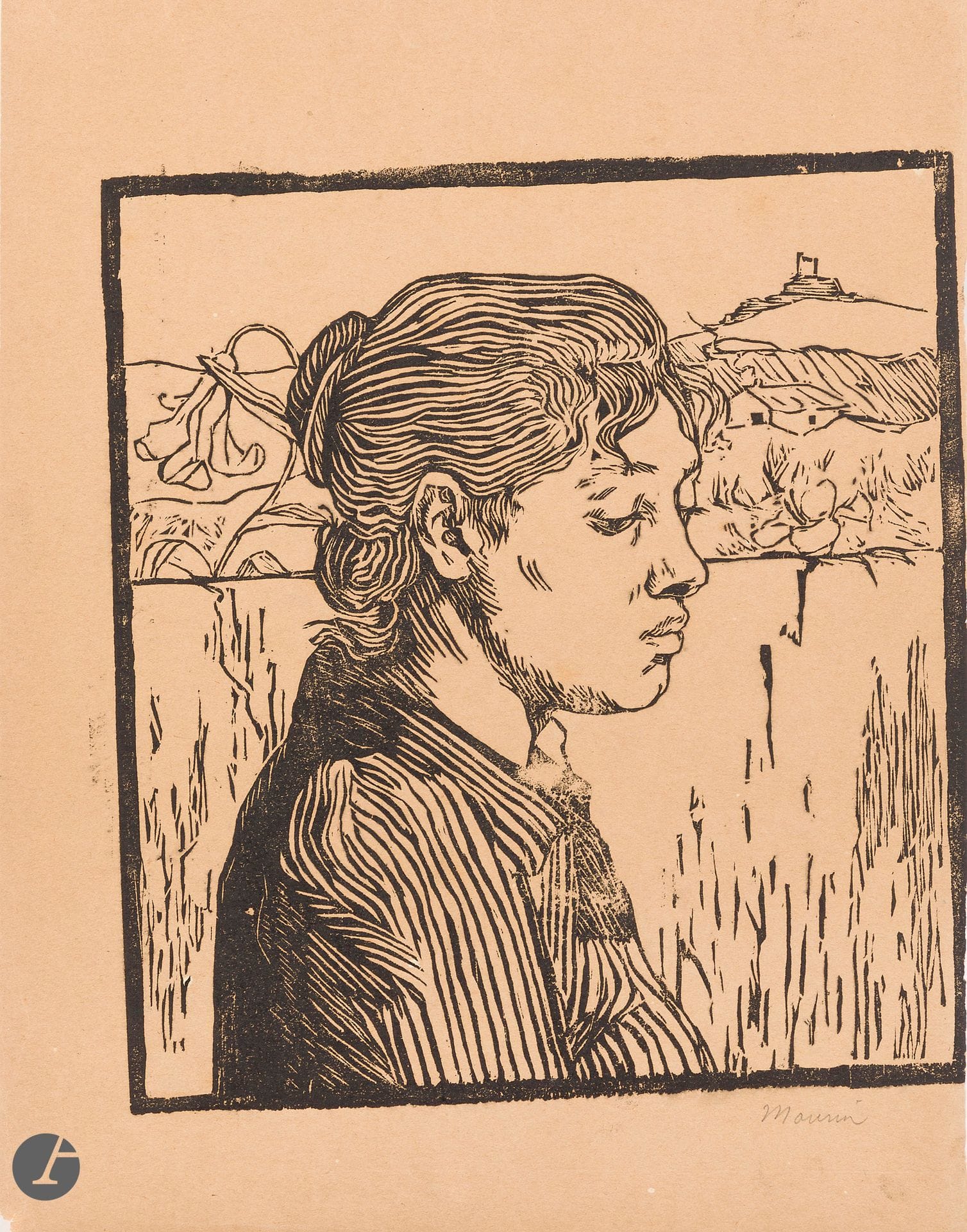 Charles Maurin (1856-1914) 
Femme en buste dans un paysage. Vers 1900. Bois gravé. 215 x 240. Belle épreuve d’essai de la planche de noir seule sur vélin chamois, tirée de guingois, signée au crayon. Petit manque dans l’angle inférieur gauche. Marges non équilibrées. Joint : reproduction photographique d’un tableau de l’artiste (Carabin, 1891), collée sur carton, dédicacée « pour Mr Sagot » et signée. Timbre du photographe Simonet au verso. Ens. 2 p. Provenance : Michel Romand (1929-2013), arrière-petit-fils d’Edmond Sagot (1857-1917).