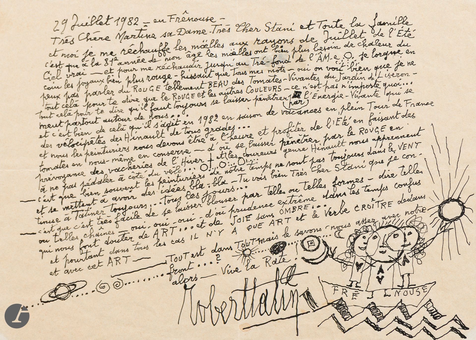 Robert TATIN (1902-1983) 
Frénouse, 1982
Ink - Letter. 
Signed and dated. 
21 x 19 cm