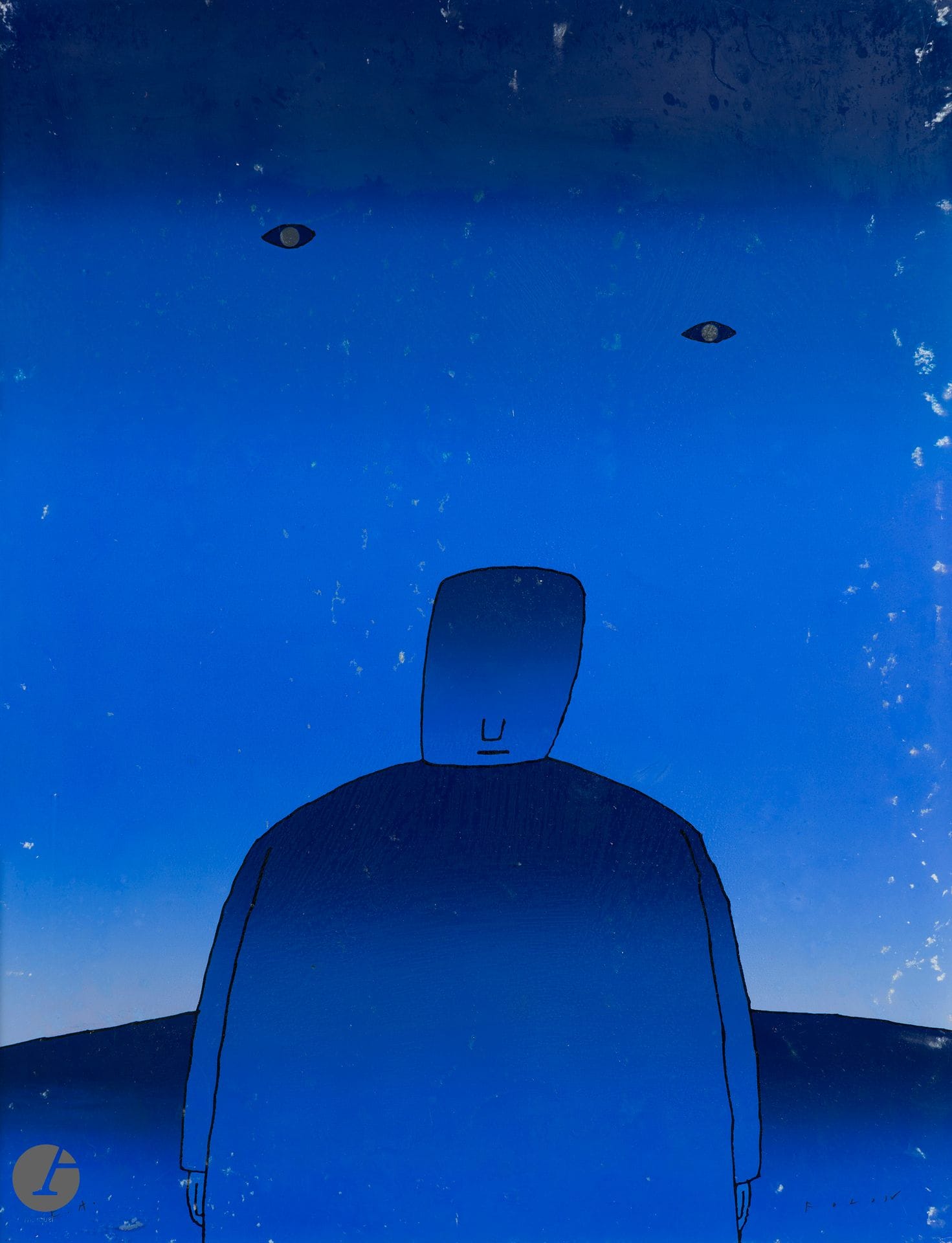 Jean-Michel Folon (1934-2005)
Les Yeux en l’air. Vers 1970. Sérigraphie en couleurs (fond aluminium). [495 x 645]. Bonne épreuve sur vélin fort, justifiée «E.A.» et signée au crayon. Nombreux petits arrachements en surface. Plis cassés et menus accidents aux bords du feuillet. Timbre sec : Éditions Marquet. Toutes marges. Tirage définitif à 300 épreuves.