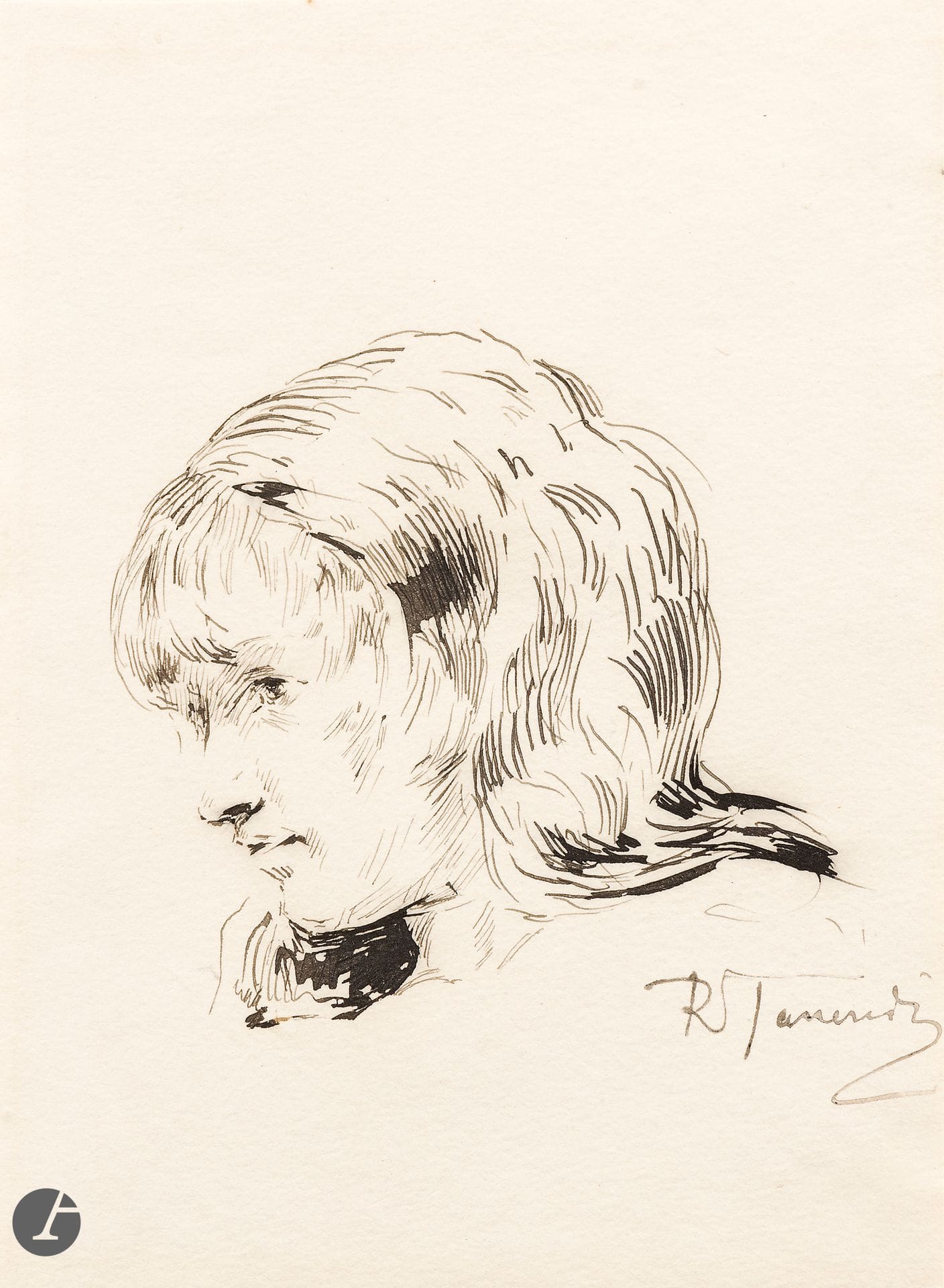 Raffaello TANCREDI (Naples 1837 - ap.1910)
Portrait de femme
Encre.
Signée en bas à droite. 
17,9 x 12,9 cm

Provenance : 
Giovanni Piancastelli (1845-1926), peintre, collectionneur et Directeur de la Galleria Borghese, Rome. 

On joint : 
Nicolas-Didier BOGUET (Chantilly 1755 - Rome 1839)
Paysage
Crayon noir.
10,6 x 21,9 cm

Provenance :
Giovanni Piancastelli (1845-1926), peintre, collectionneur et Directeur de la Galleria Borghese, Rome.