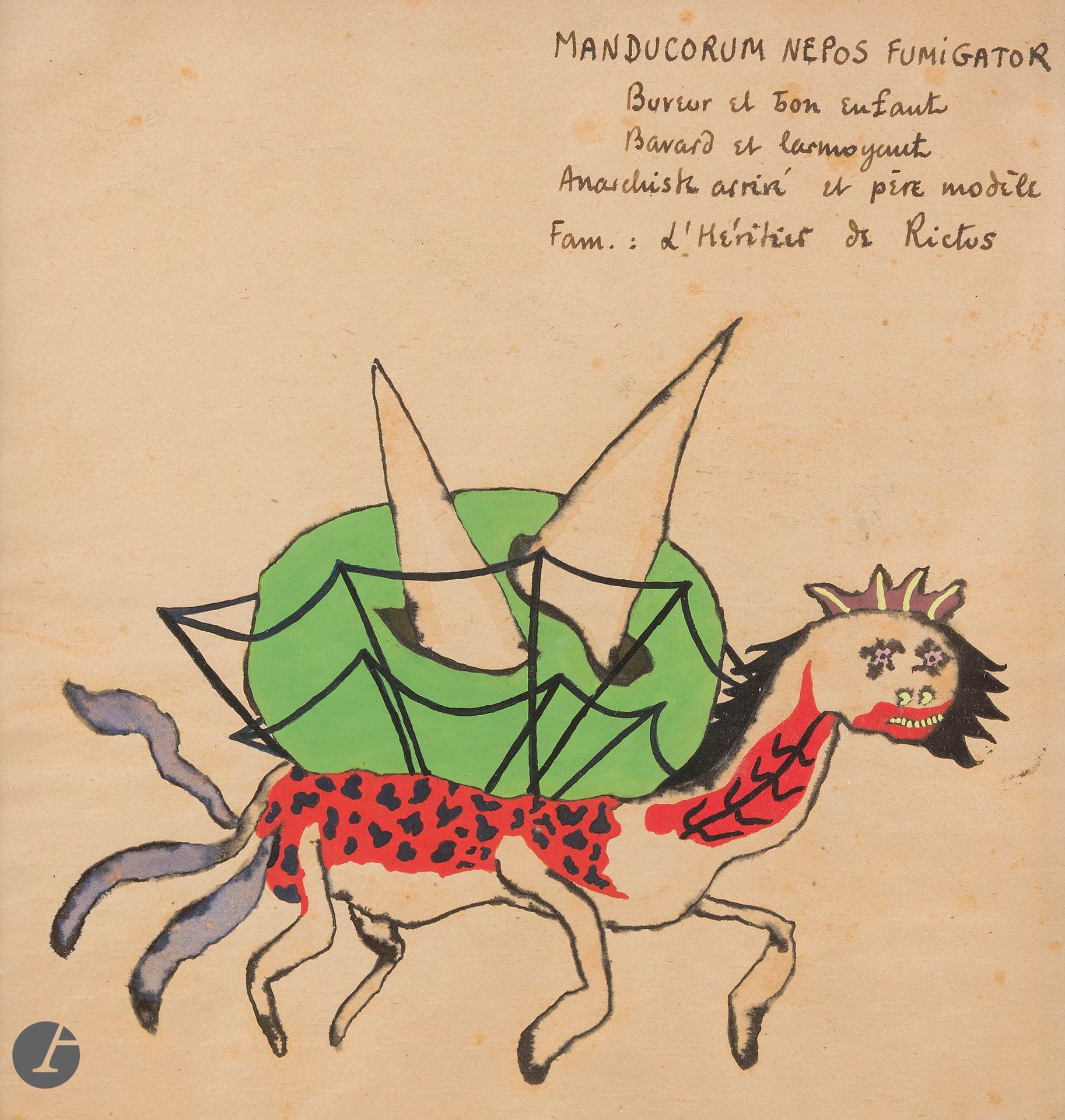 Georges HUGNET (1904-1974) 
Manducorum Nepos Fumigator 
Encre et gouache sur papier de nappe. 
Titrée et légendée en haut à droite. 
24 x 23 cm