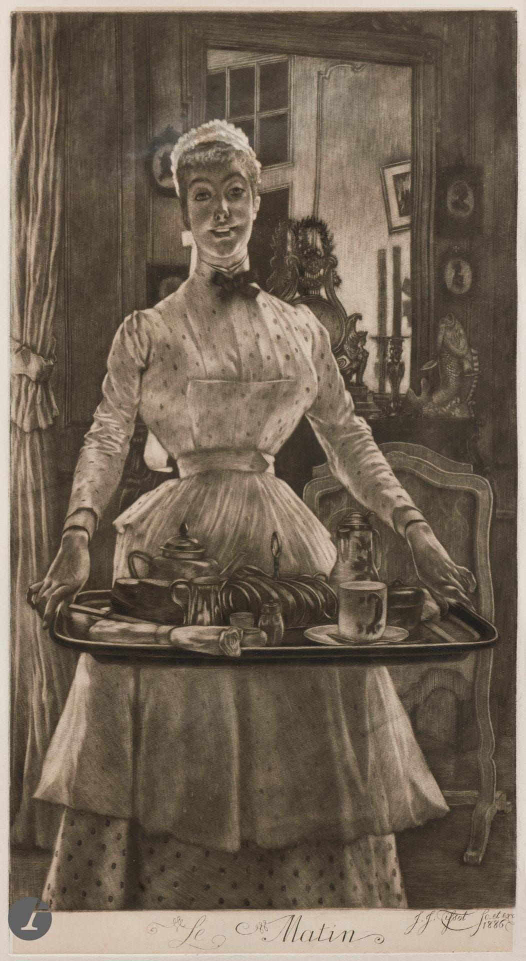 James-J.-J. Tissot (1836-1902)
Le Matin. 1886. Manière noire. 258 x 485. Wentworth 82. Very fine proof on chine appliqué. Fine margins. Frame (not examined outside the frame). Provenance: Michel Romand (1929-2013), great-grandson of Edmond Sagot (1857-1917).