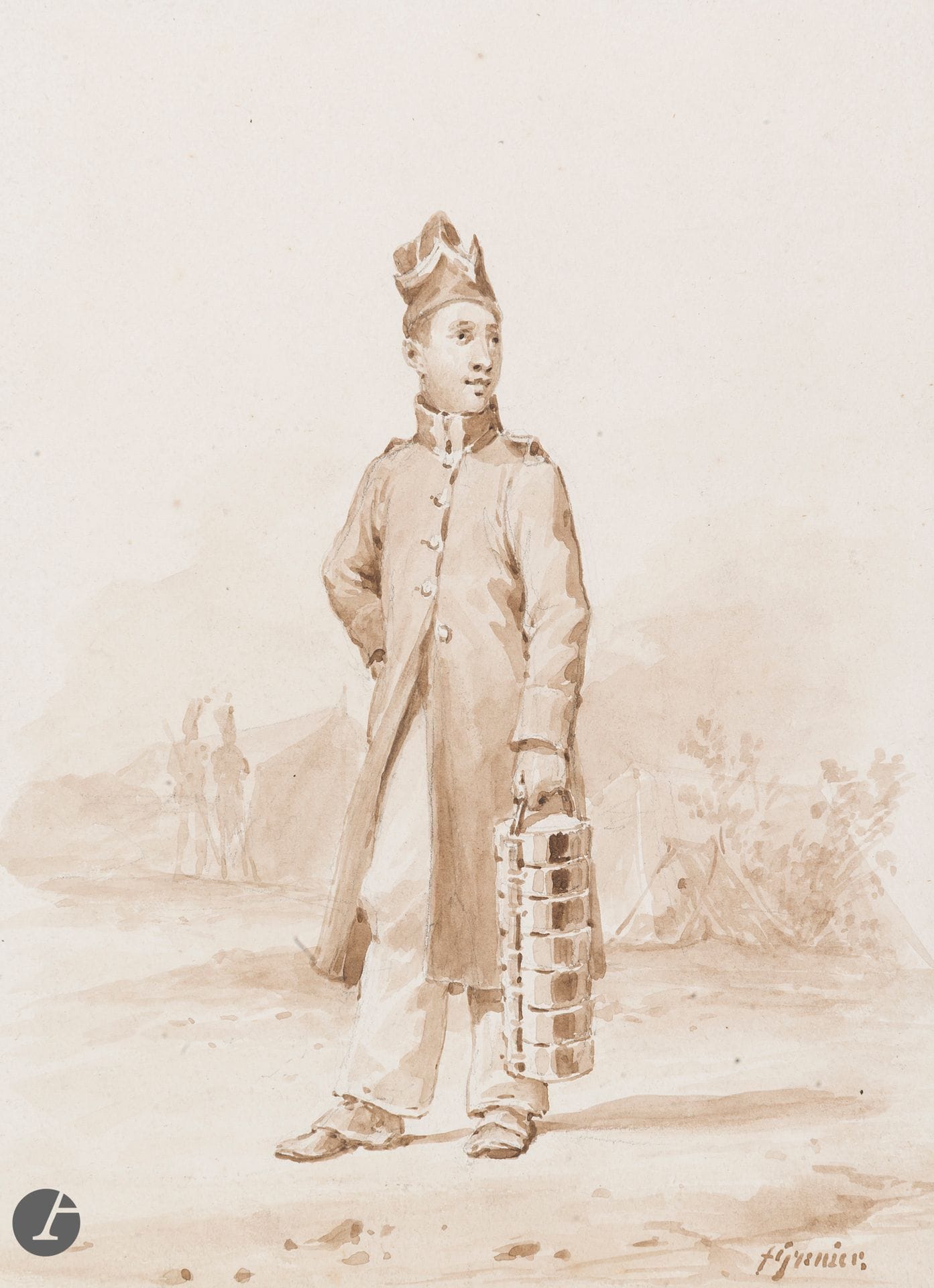 Francois GRENIER (1793-1867)
Fantassin en tenue de corvée, vers 1820
Lavis d'encre signé en bas à droite. 
17 x 12 cm
A.B.E.