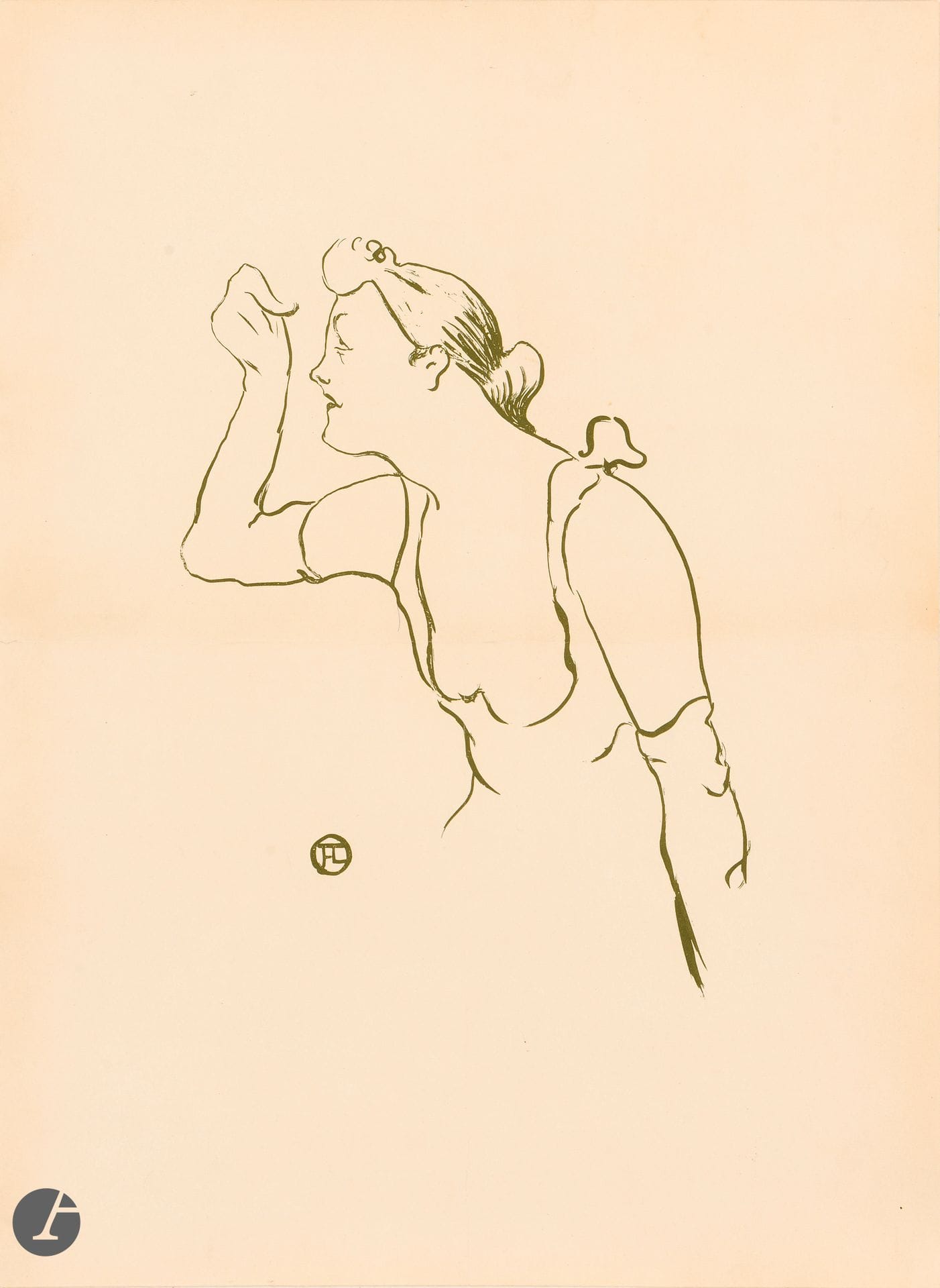 Henri de Toulouse-Lautrec (1864-1901)
Paula Brébion. (Pl. pour Le Café-Concert). 1893. Lithographie. [315 x 435]. Delteil 30 ; Wittrock 20. Impression en vert olive. Belle épreuve sur vélin glacé ivoire, entoilée, conservée roulée. Fines traces de plis médians avec petites fractures. Toutes marges.