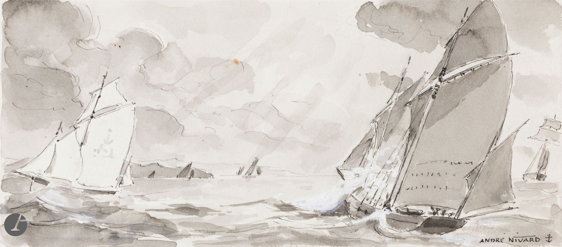André NIVARD (1880-1969)
Vue de Montmartre - Vue du Sacré- Cœur depuis la fenêtre - Vue sur les toits et le Sacré-Cœur - Marine – Chalutier
4 aquarelles et 1 encre et lavis d’encre et rehauts de gouache blanche.
4 signées.
17 x 27, 5 cm - 38 x 27,5 cm - 19 x 28,5 cm - 25 x 32 cm - 5,2 x 7,5 cm - 17 x 27,5 cm
