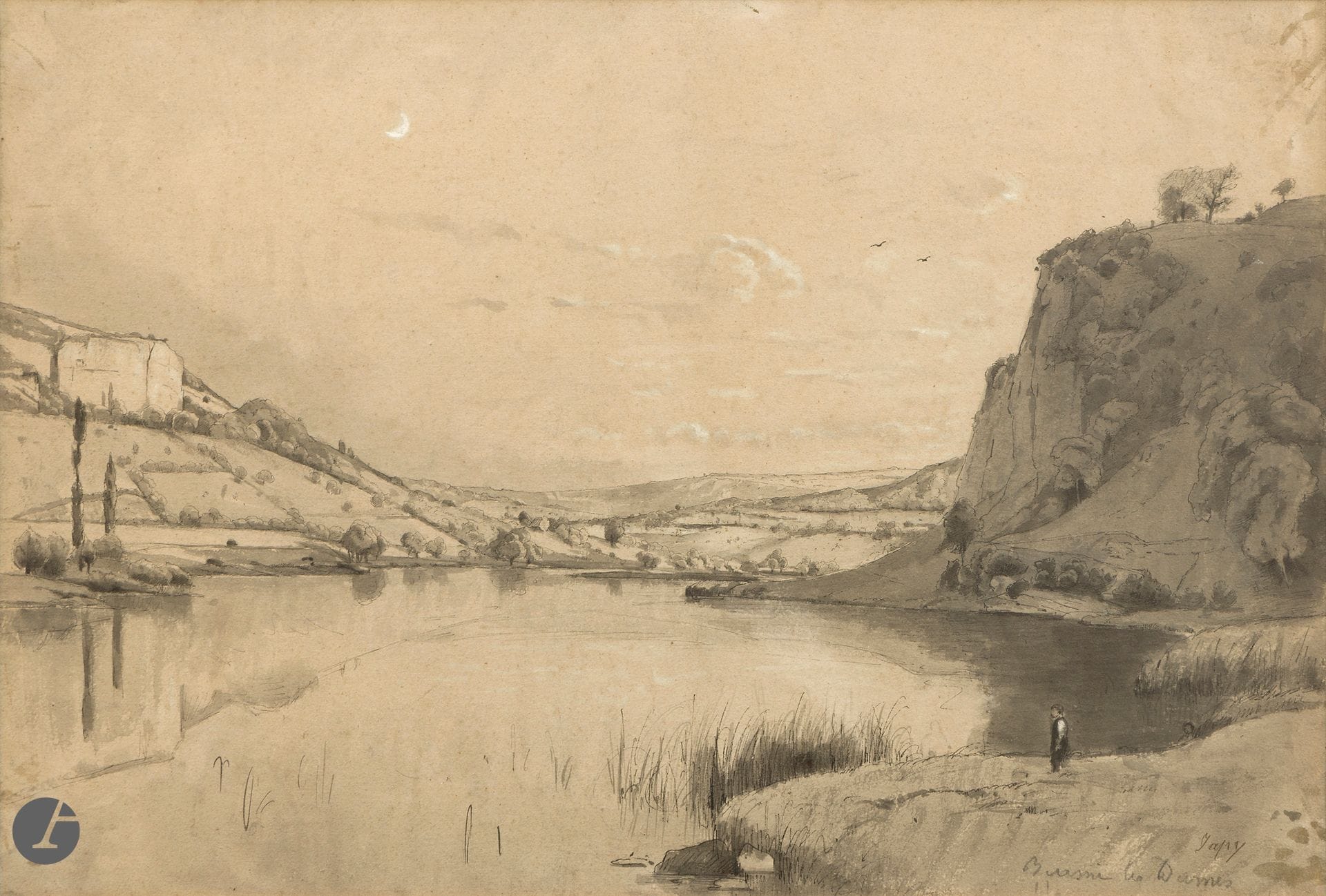 Louis Aimé JAPY (Seloncourt 1840 - 1916 Paris)
Baume-les-Dames, scène nocturne
Encre, lavis d’encre et rehauts de gouache blanche.
Signée et située en bas à droite.
43 x 62 cm

Provenance :
- Collection Barrie-Chevalier, le cachet de la vente de sa collection au dos du montage. 
- Mes Mirabaud Mercier, Collection Barrie-Chevalier 2e partie, Paris, 2 avril 2021, n° 27.