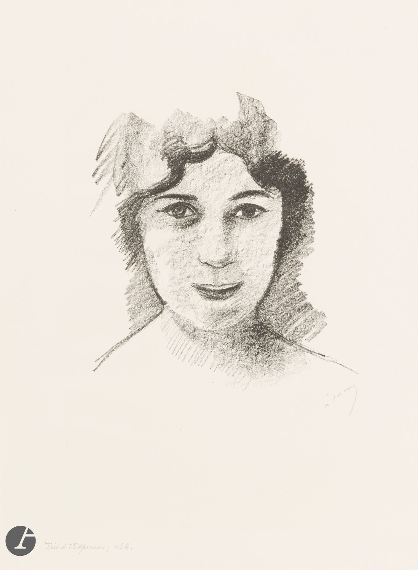 André Derain (1880-1954)
Tête de femme souriante de face. Vers 1927-1928. Lithographie. 240 x 270. Adhémar 81. Très belle épreuve sur vélin blanc filigrané « J Perrigot », signée puis annotée par l’éditeur « Tiré à 25 épreuves, n° 6 ». Toutes marges. Joint : 1) Tête de femme coupée, de profil à gauche. Vers 1927-1928. Lithographie. 300 x 280. Adhémar 83. Parfaite épreuve sur vélin blanc filigrané « mbm », signée au crayon puis annotée par l’éditeur « Tiré à 25 épreuves, n° 24 ». Toutes marges. Timbre sec : H. Petiet éditeur Paris (Lugt 2021a). 2) Profil, étude au pinceau et à la plume. Vers 1927-1928. Lithographie. 315 x 335. Adhémar 88-4. Belle épreuve sur vélin blanc fort, signée au crayon puis annotée par l’éditeur « Tiré à 25 épreuves, n° 24 ». Larges rousseurs claires éparses. Trace d’oxydation aux bords du feuillet. Toutes marges. Timbre sec : H. Petiet éditeur Paris (Lugt 2021a). Ens. 3 p.