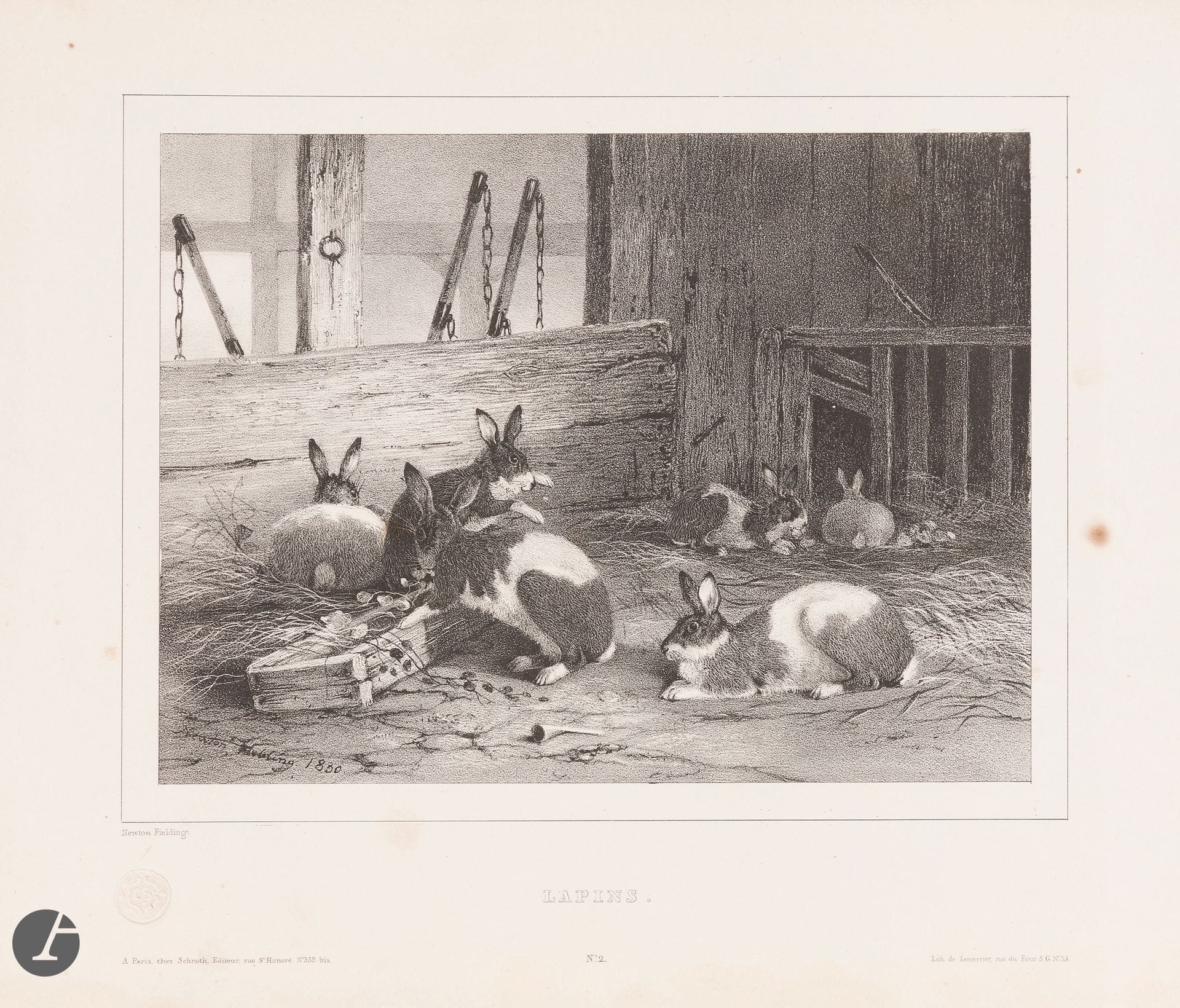 Newton Fielding (1799-1856)
Animaux ; Animaux domestiques. 1828-1832. Réunion de 2 albums oblongs [375 x 280] de respectivement 12 et 16 pl. Lithographie. Très belles épreuves, sur vélin pour le 1er album, sur chine appliqué pour le 2e, montées sur onglet. Petites rousseurs et taches. Demi-rel., plats papier marbré, titre doré sur le dos. Ex-libris Robert Lefèvre-Pontalis. Joint : N. Fielding (d’après). Chiens de chasse. Album oblong [375 x 280] de 12 pl. Gravé par Falkeisen. Très belles épreuves sur vélin. Même condition. Ens. 3 vol.