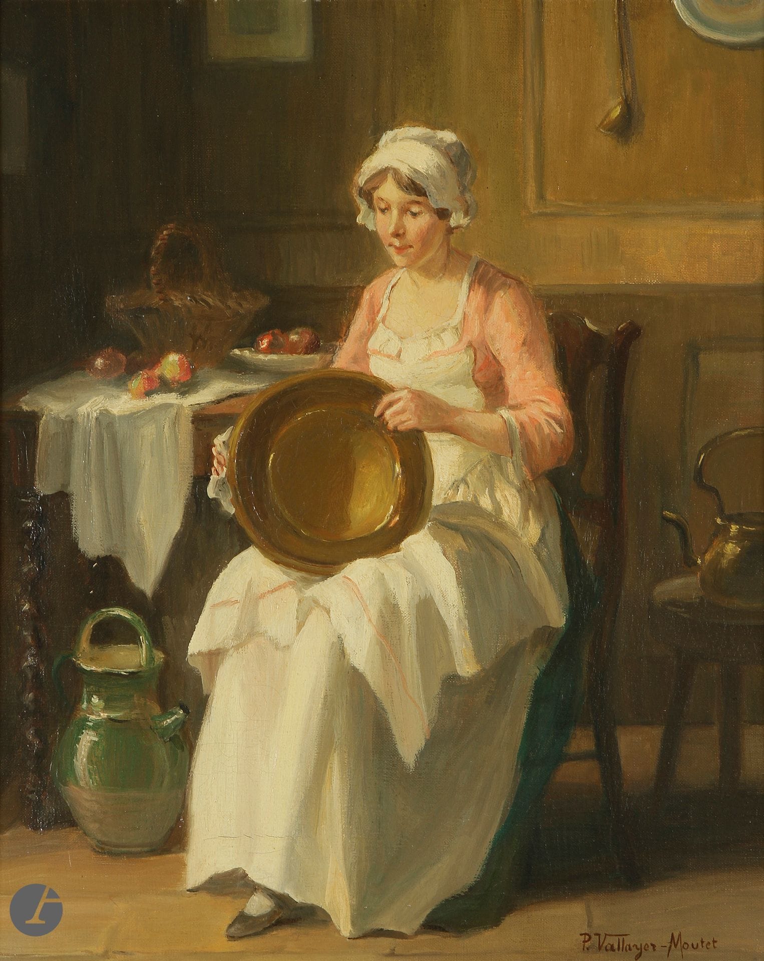 Pauline VALLAYER-MOUTET (XIXe-XXe siècle)
Le Nettoyage des cuivres
Huile sur toile. 
Signée en bas à droite. 
42 x 33,5 cm