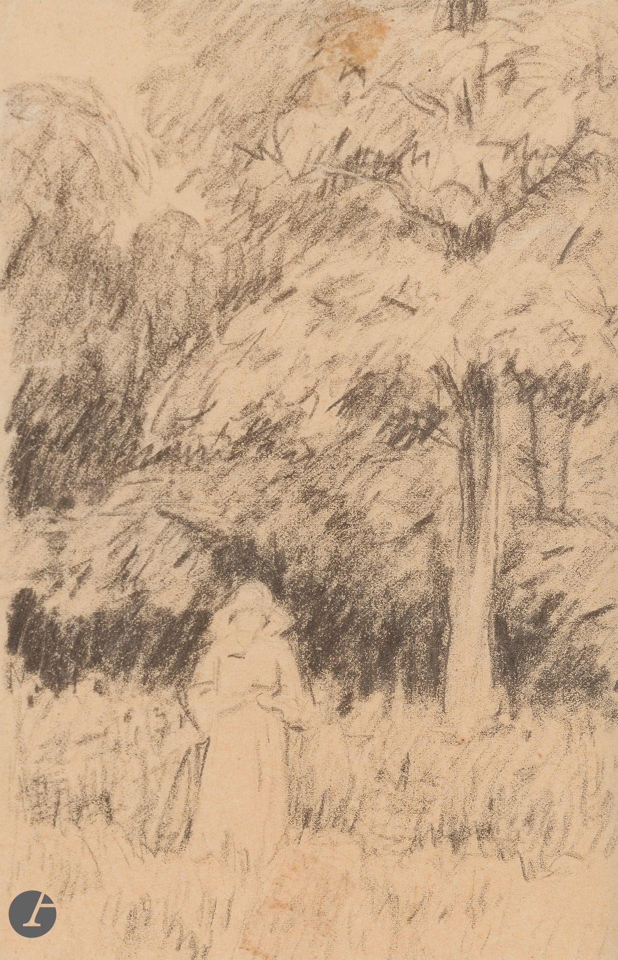 Pierre BONNARD (Attributed to) (1867-1947) 
Woman at the edge of a wood
Charcoal.
Unsigned.
16.5 x 11 cm