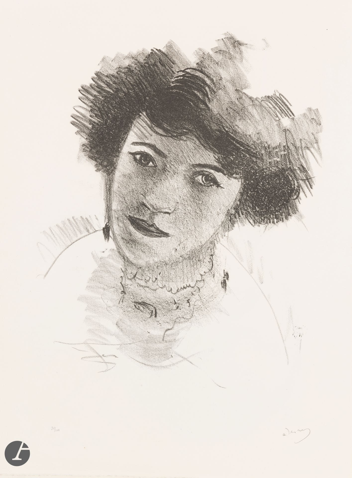 André Derain (1880-1954) 
Tête de femme très brune de face, avec des boucles d’oreille pendantes. (Pl. pour la suite Métamorphoses, études de femmes, Paris, éd. des Quatre Chemins, 1927). Lithographie. 300 x 375. Adhémar 71-8. Parfaite épreuve sur vélin blanc filigrané « Arches », numérotée et signée au crayon. Toutes marges. Tirage à 100 épreuves.