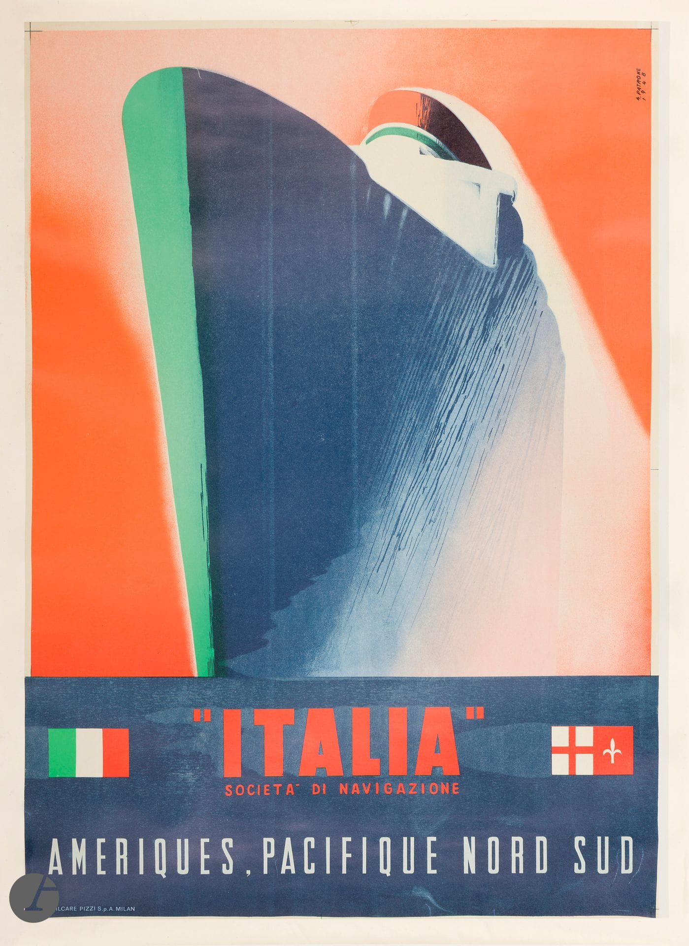 Giovanni Patrone (1904-1963)
Italia. Socetià di navigazione. Amériques, Pacifique Nord Sud. 1948.
Lithographie en couleurs.
Imp. Amilcare Pizzi S.p.A., Milan.
Entoilée.
98 x 67 cm.