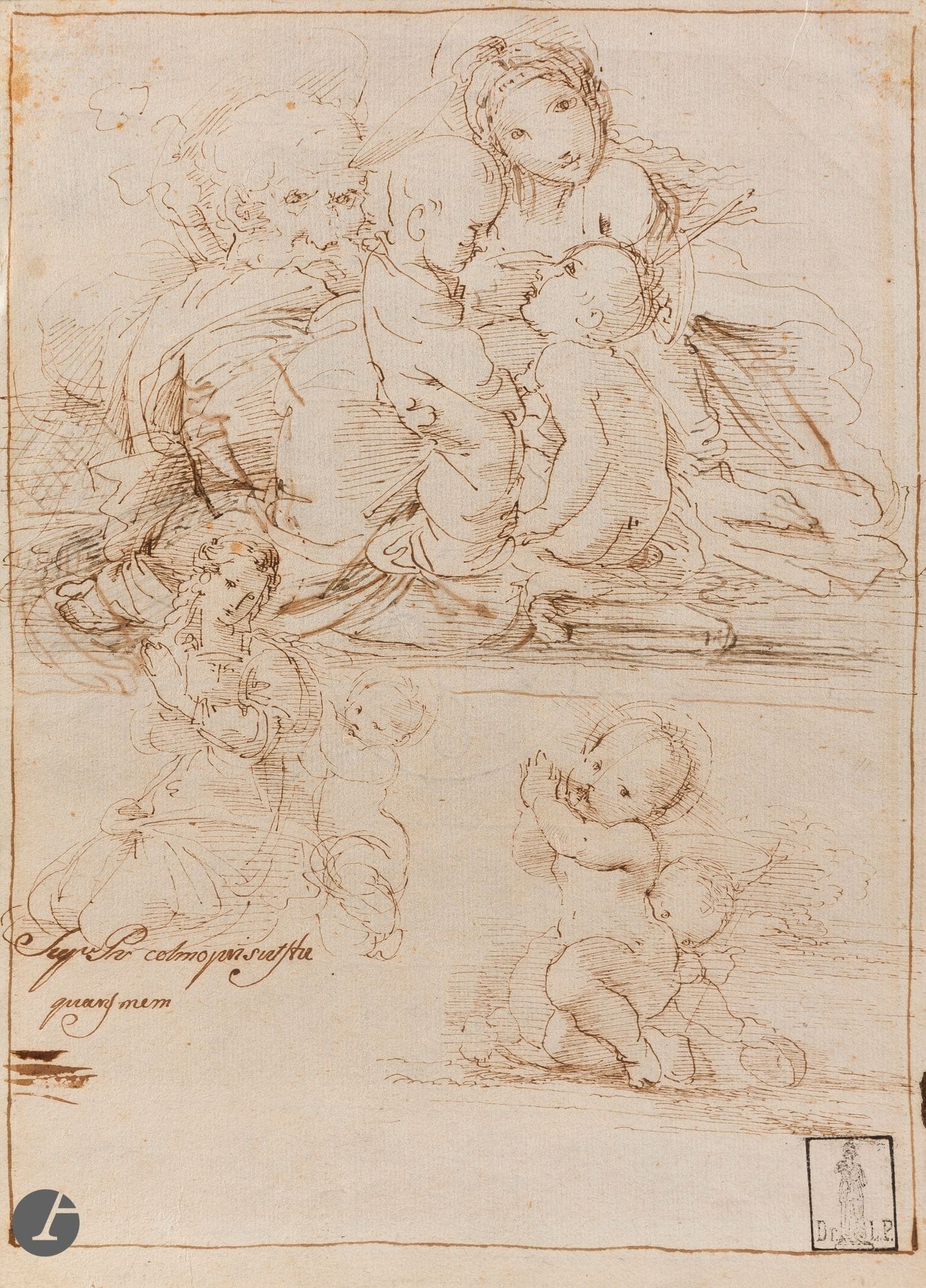 Fortunato DURANTI (Montefortino 1787-1863) 
Sainte Famille avec saint Jean-Baptiste
Encre.
Annotation manuscrite à la plume en bas vers la gauche.
(Pliures).
25,9 x 18,9 cm

Provenance :
Collection Ludwig Pollak, son cachet en bas à droite (Lugt 788b).

Notre dessin est techniquement très proche de plusieurs feuilles conservées au Cooper Hewitt Museum, inv.1938-88-8056 et inv.1938-88-7386.