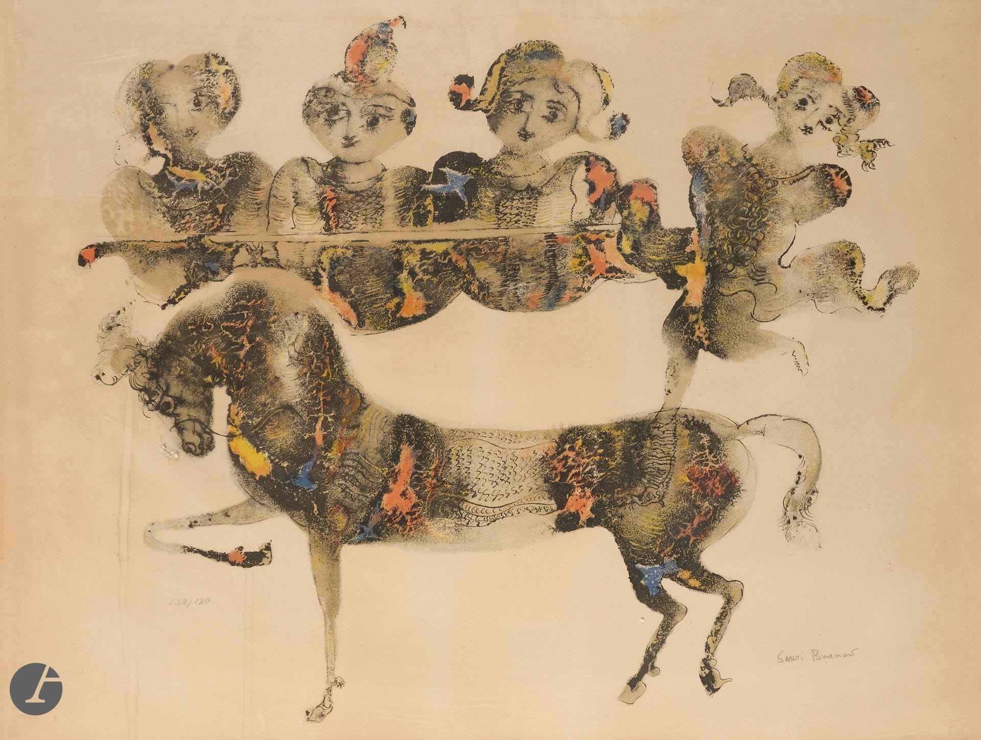 Sakti Burman (indien, né en 1935)
L’Écuyère II. Vers 1970. Lithographie. À vue : 635 x 485 mm. Impression en couleurs. Belle épreuve sur vélin, numérotée et signée au crayon, insolée. Toutes marges. Tirage à 180 épreuves. Cadre (non examinée hors du cadre).