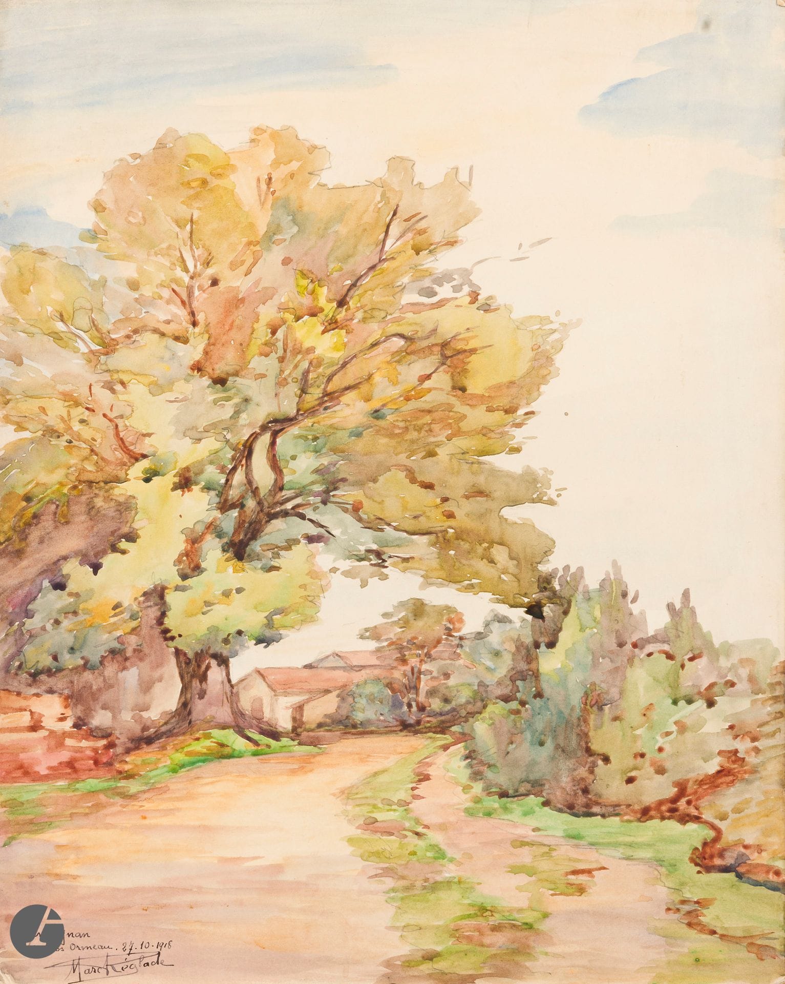 André NIVARD (1880-1969)
Santa Cruz, Tenerife, Green square, 1933 
Watercolor over pencil lines.
Signed lower right.
53.5 x 37 cm

4 drawings by a modern school are included.