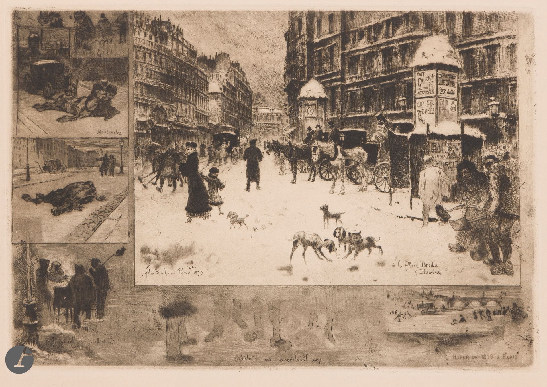 Félix Buhot (1847-1898) 
L’Hiver à Paris ou La Neige à Paris. 1879. Eau-forte, pointe sèche, roulette et aquatinte. 347 x 237. Bourcard, Goodfriend 128. Belle épreuve d’un tirage postérieur sur vélin ivoire filigrané «Rives», sans l’adresse de Salmon. Court pli cassé au bord gauche du feuillet. Toutes marges.