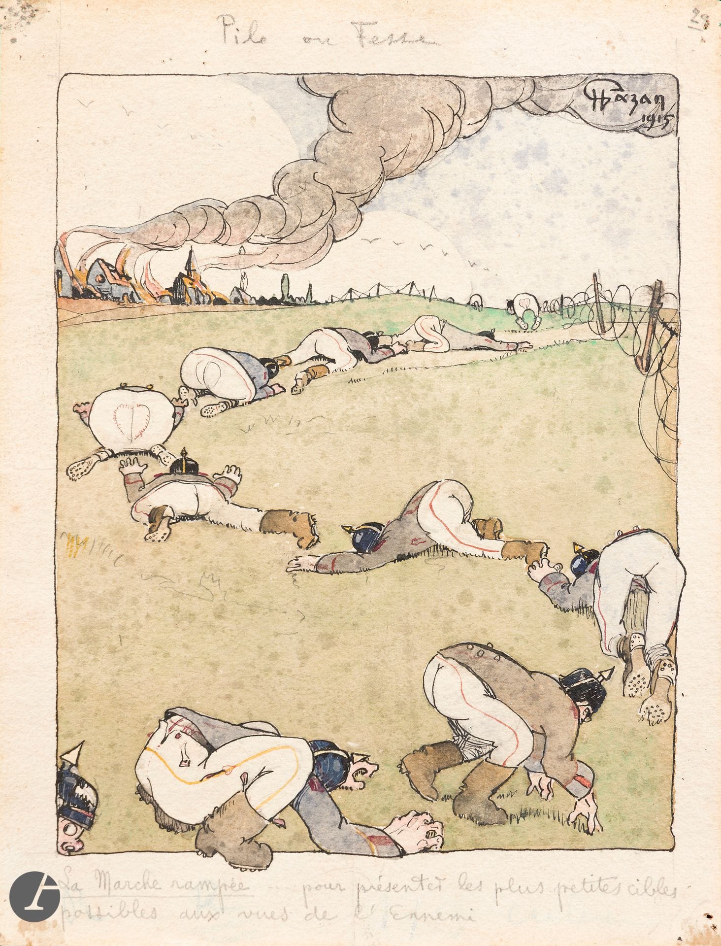 Henry GAZAN (1887-1960)
Pile ou fesse, La Marche rampée...pour présenter les plus petites cibles possibles aux vues de l’ennemi, 1915
Encre et aquarelle.
Signée et datée en haut à droite.
Étiquette au dos «29 Moreuil / Gazan Henri Sergent / EM 72 D.I /S.P. 157» .
29,5 x 22,5 cm

Ce dessin a été publié dans «Le Rire Rouge» du 22 mai 1915 sous le titre «Les Rampards de Bochland». Cette manière de figurer l’ennemi par son seul arrière-train est pour l’historien de la caricature Laurent Bihl, cité par Bertrand Tillier dans l’ouvrage «Cartes postales illustrées en guerre (1914-1918)» (CNRS Editions, 2021, page 164), le stade ultime de la déshumanisation .