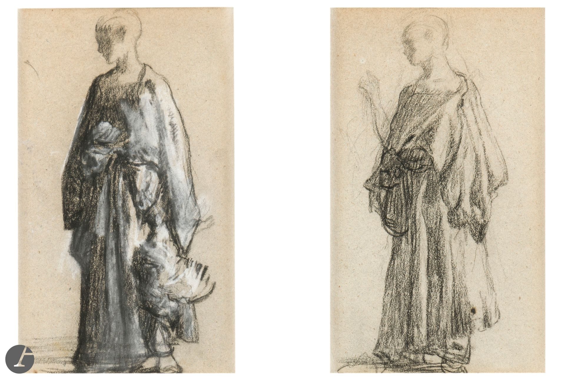 Gustave GUILLAUMET (Paris 1840-1887)
Two studies of women in the same frame.
Charcoal and blur, one with white chalk highlights.
Approx. 22.1 x 13.3 cm each.