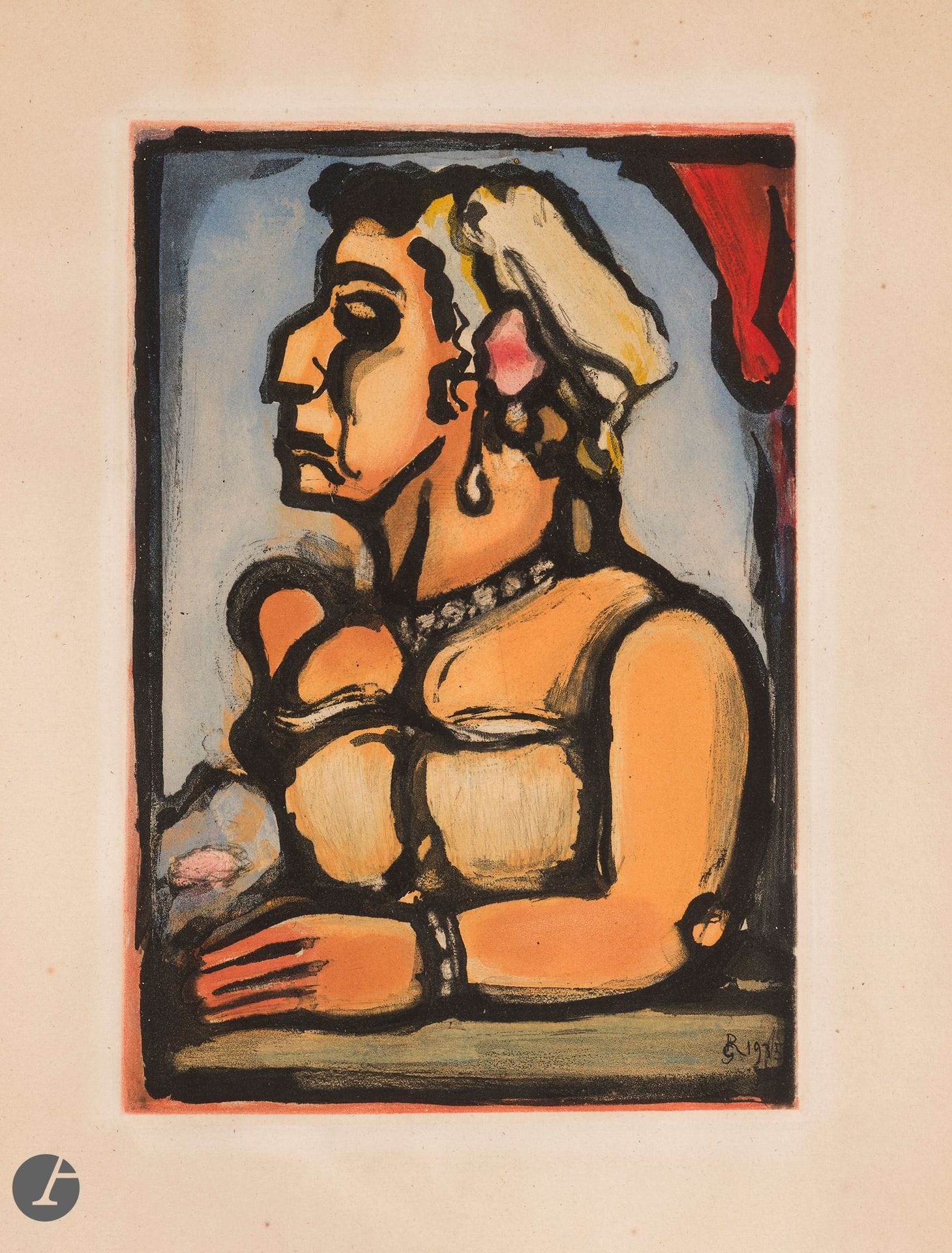Georges Rouault (1871-1958) 
Madame Carmencita. 1935. (Pl. 9 pour Cirque de l’étoile filante, Paris, A. Vollard, 1938). Eau-forte et aquatinte. 212 x 310. Chapon et Rouault 248 ; Johnson 200-9. Impression en couleurs. Belle épreuve sur vergé de Montval, oxydée. Fortes traces de colle au bord droit. Grand morceau d’adhésif dans l’angle inférieur droit au verso. Toutes marges.