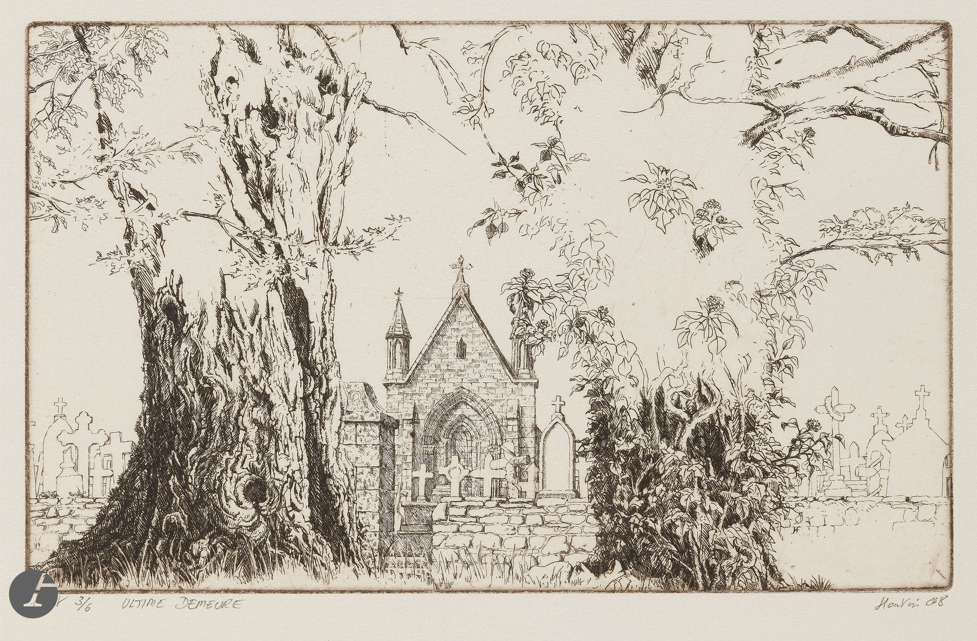 François Houtin (born 1950)
Ultime demeure. 2008. Etching. 240 x 145. Perfect proof on vellum, annotated 1er état 3/6 , titled, signed and dated in pencil. Full margins.