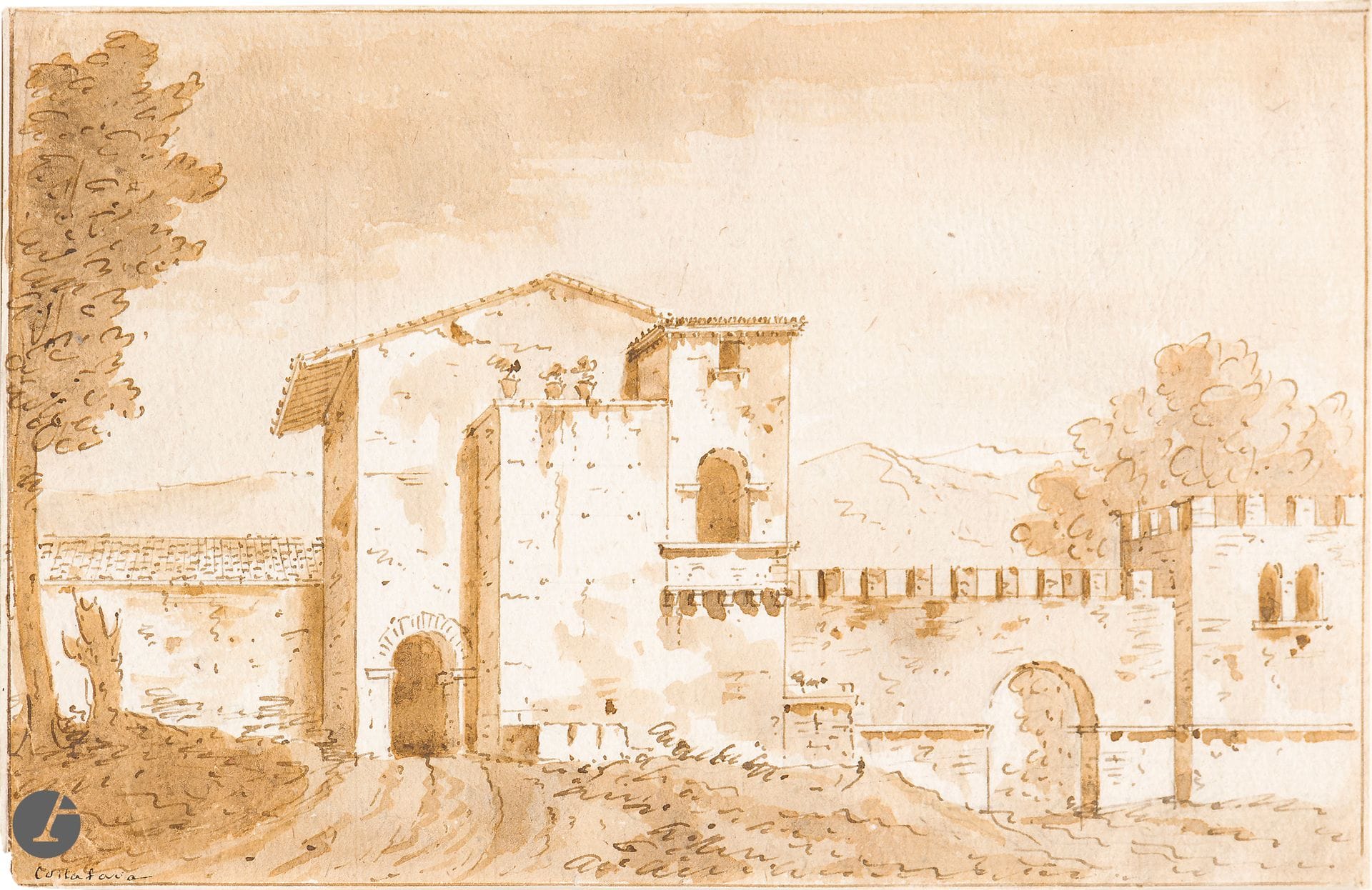 Attributed to Johann Christian REINHART (1761-1847)
Italian landscape
Black pencil.
Handwritten annotation upper right Reinhart.
16 x 22.2 cm

Provenance: 
Giovanni Piancastelli (1845-1926), painter, collector and Director of the Galleria Borghese, Rome. 

Attached: 
NEOCLASSICAL ITALIAN SCHOOL
Landscape with rampart
Pen, brown ink and brown wash over black pencil lines.
Located lower left "Grottaferrata".
14.1 x 21.5 cm 

Provenance :
Giovanni Piancastelli (1845-1926), painter, collector and Director of the Galleria Borghese, Rome.