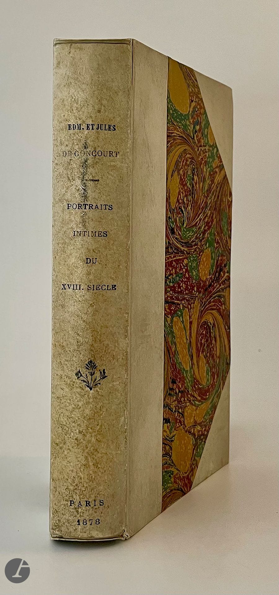 GONCOURT (Edmond et Jules).
Portraits intimes du dix-huitième siècle. Études nouvelles d’après les lettres autographes et les documents inédits. Paris : G. Charpentier, 1878. - In-12, demi-parchemin blanc à coins, dos lisse, non rogné (reliure de l’époque). Première édition Charpentier, revue, corrigée et augmentée. Exemplaire de l’avocat et bibliophile Alidor Delzant (1848-1905), ami, secrétaire et exécuteur testamentaire des frères Goncourt. Il porte son ex-libris et cet envoi autographe signé de l’auteur sur le faux titre : « à Alidor Delzant // Edmond de Goncourt. » Bon exemplaire, enrichi à la fin d’un article de journal de Paul de Saint-Victor, se rapportant en partie à l’ouvrage. Dos sali. 
Provenance : Alidor Delzant, avec envoi de l’auteur et ex-libris.