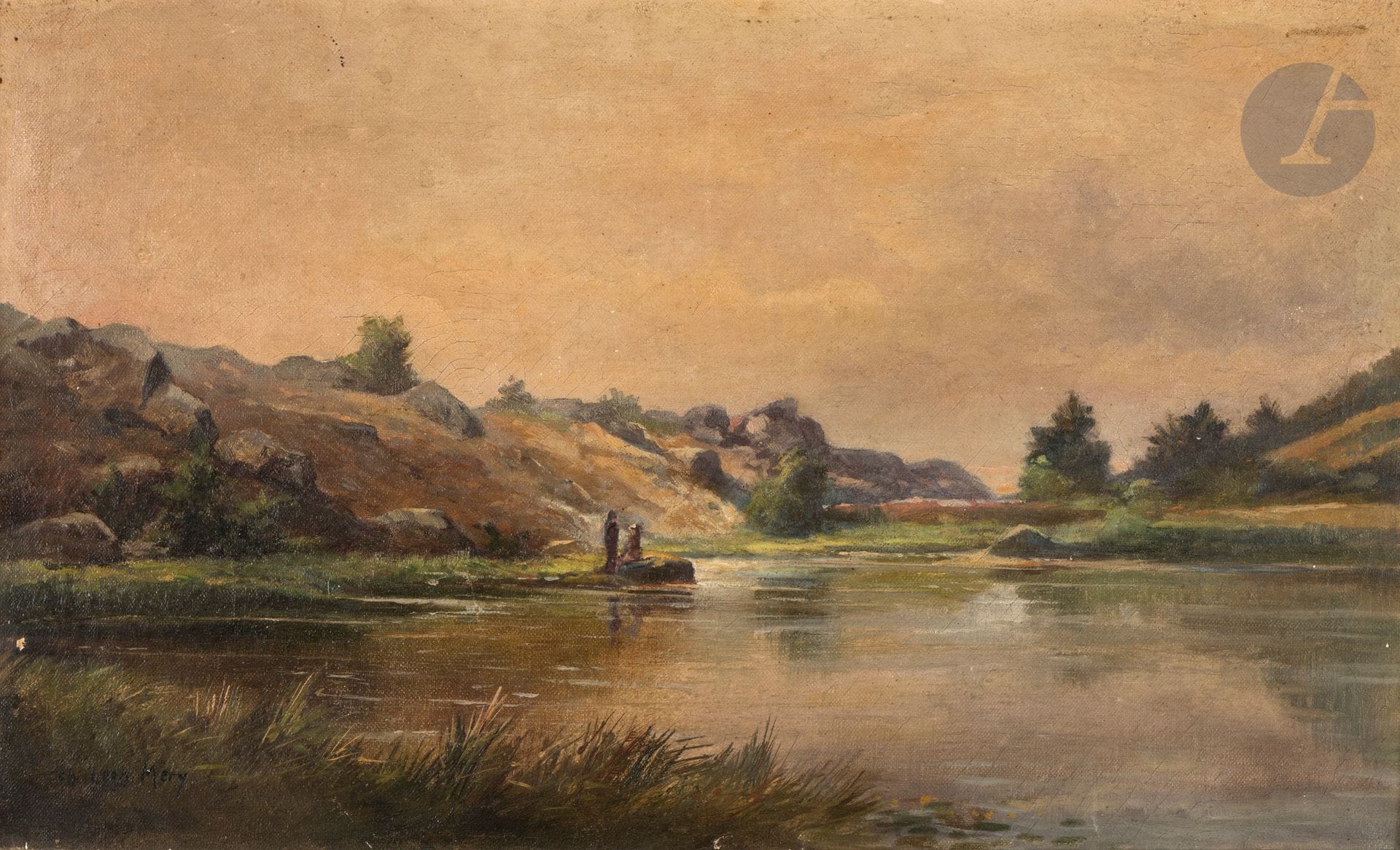 Charles Léon MÉRY (1860-1924) 
Canal du Forez, Loire 
Huile sur toile. 
Signée en bas à gauche. 
Située au dos sur le châssis. 
(Petit manque). 
27 x 46 cm