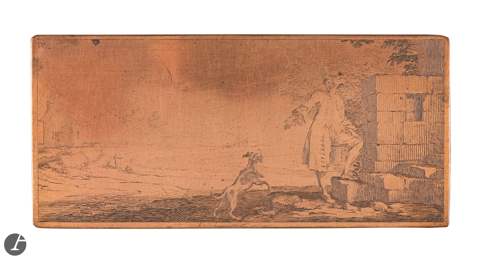 Sébastien Leclerc (1637-1714) 
A young man and a dog at the foot of a staircase. (Pl. 23 of the suite Diverses suites de figures, chevaux et paysages dessinées et gravées par Le Clerc pour l'instruction de M. le Duc de Bourgogne [Louis de France, grandson of Louis XIV]). Circa 1690. etched copper. 159 x 72. Préaud 1164. Rounded corners. Contained in an envelope bearing the printed subject. Joint: a large lot of engravings by various (by Della Bella, S. Leclerc, P. Potter, I. Silvestre, after Teniers, etc. u including portraits of Mozart and Haydn). Modern (early 20th century) proofs on vellum or laid paper, contained in two folders.