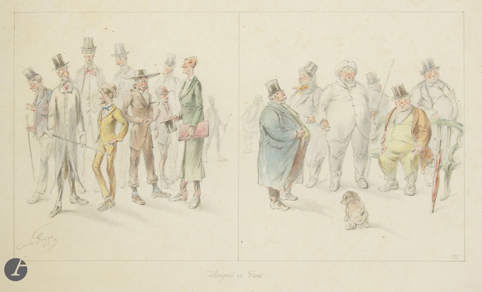 Carlo GRIPP (Charles Tronsens, dit) (1830-?) 
Maigres et gras, 1892
Dessin à la mine de plomb et à l’aquarelle sur vélin. 
Signé et daté à l’intérieur du filet d’encadrement, puis légendé sous le sujet. 
(Rousseurs claires).
32,5 x 50 cm
