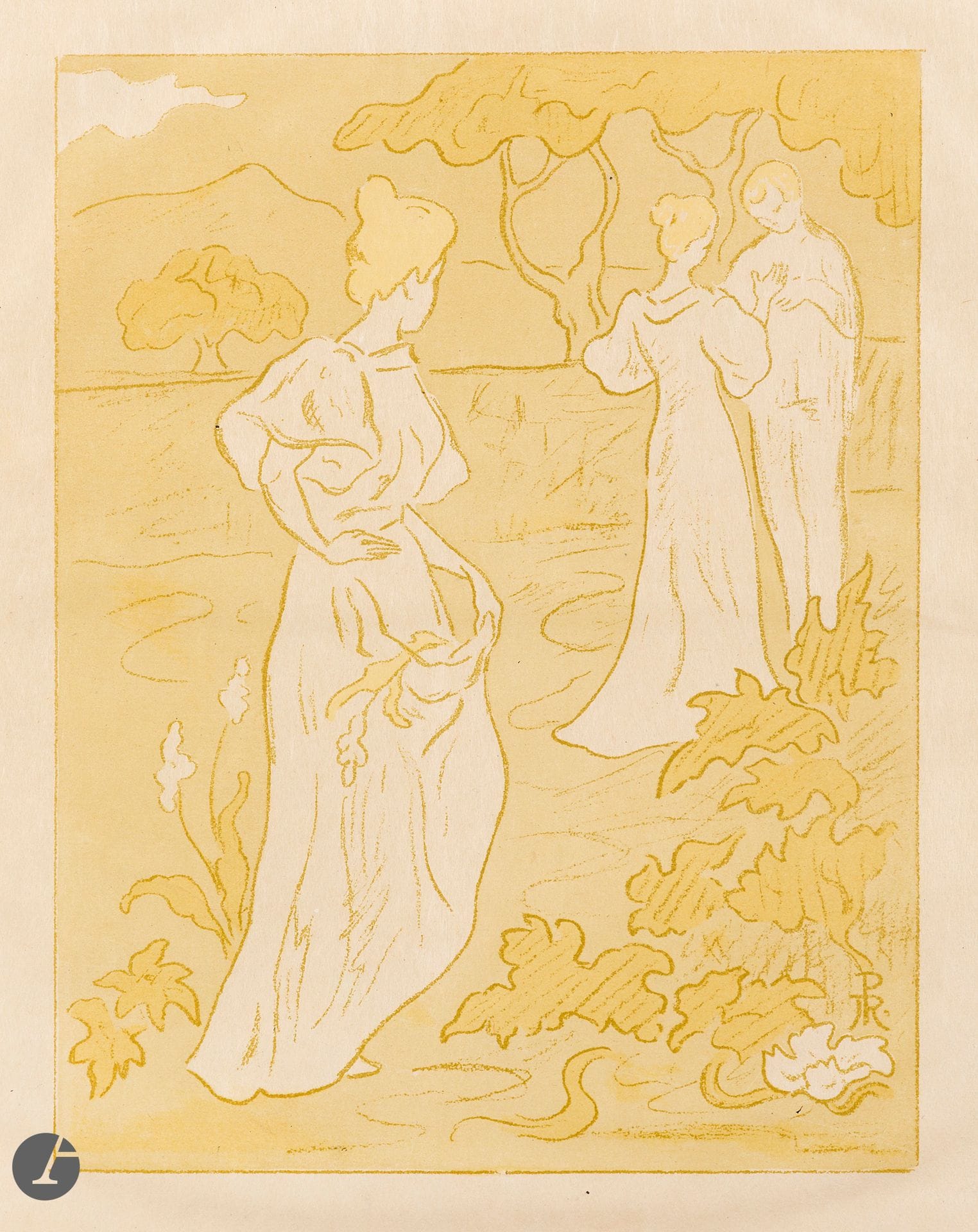 Paul-Élie Ranson (1861-1909)
Tristesse, ou Jalousie.1896. Lithographie. 180 x 232. Ranson-Bitker (1999) 292. Impression en couleurs. Très belle épreuve, l’une des 50 du tirage de luxe sur japon, signée à la plume et à l’encre, justifiée « U » au crayon bleu à droite du timbre de la publication, Le Centaure (Lugt 2782). Infime tache circulaire en pied. Toutes marges non ébarbées. Provenance : Michel Romand (1929-2013), arrière-petit-fils d’Edmond Sagot (1857-1917).